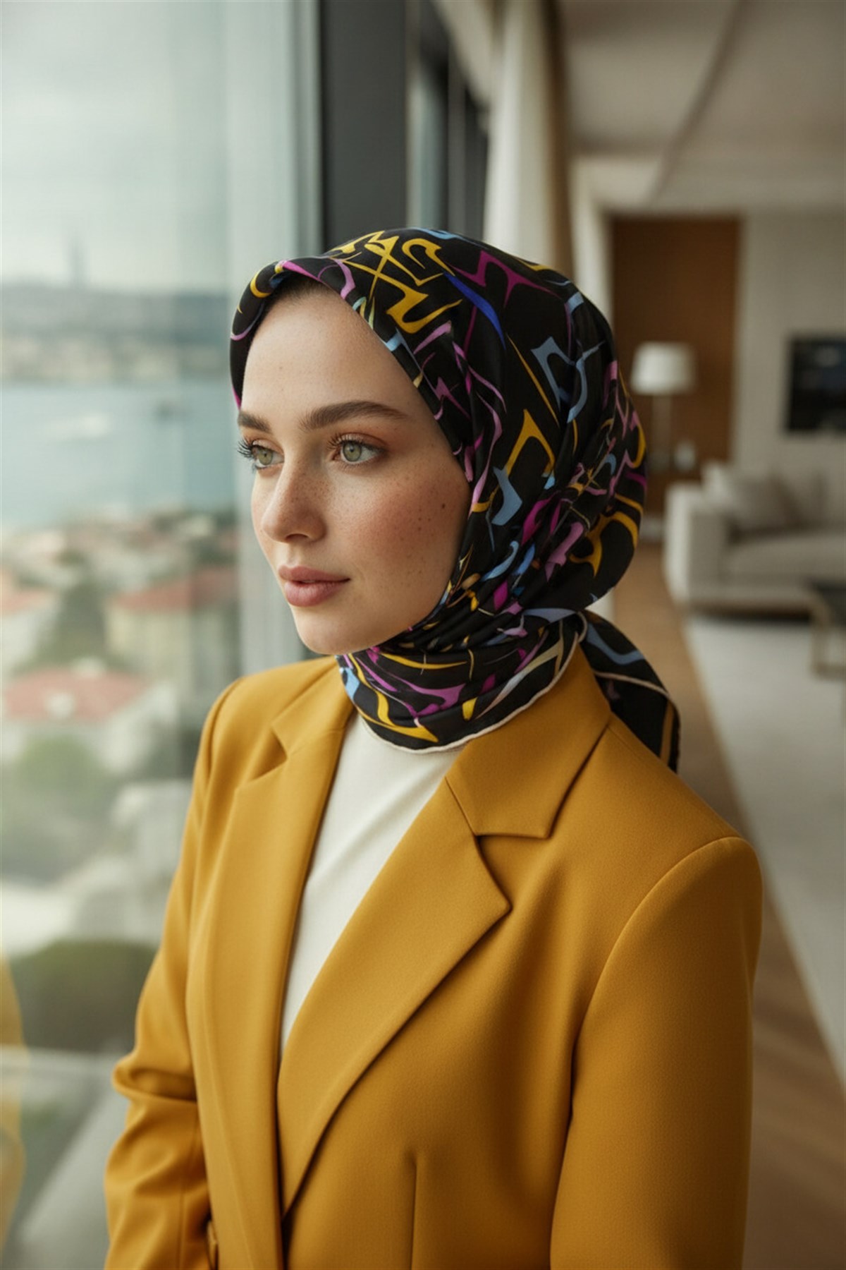 % 57 İPEK % 43 VİSKON Twill İpek Soyut Geometrik Desenli Sarı - Pembe Renkli 90x90 Eşarp Dikim Şekli : El Dikişi