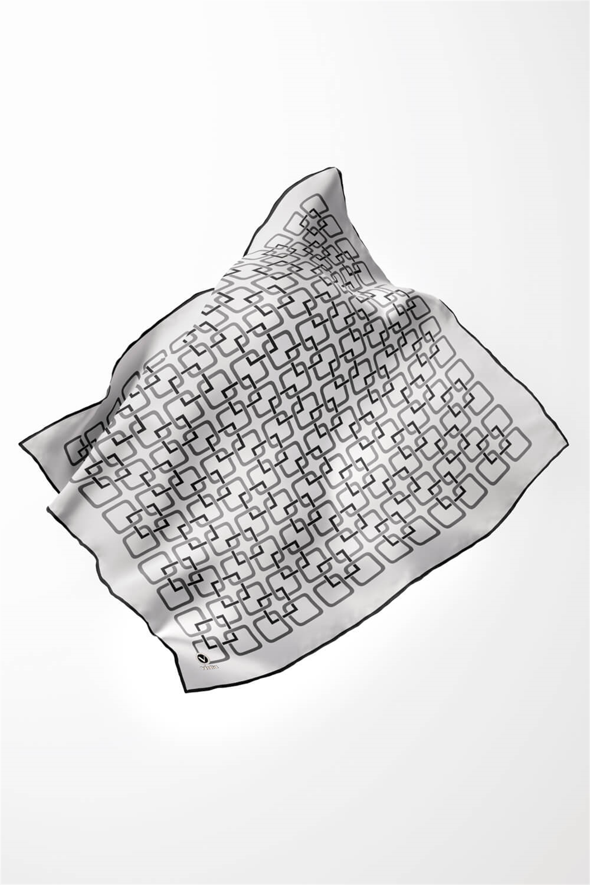 Twill Geometrik Desenli Gümüş Renkli 90x90 Eşarp (İpek İçermez) Kenar Dikiş Şekli El Dikişli