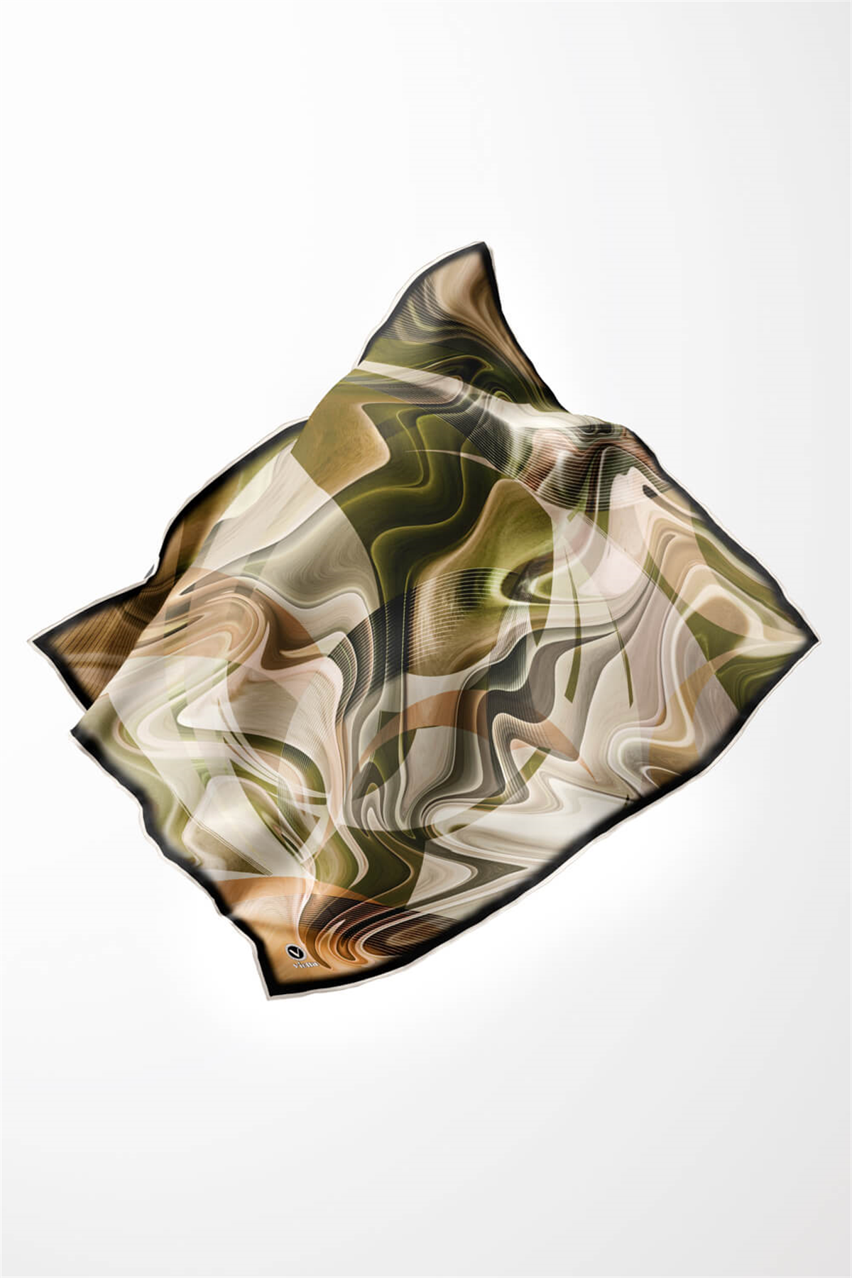 Twill Soyut Dalga Desenli Haki Renkli 90x90 Eşarp (İpek İçermez) Dikim Şekli : El Dikişi