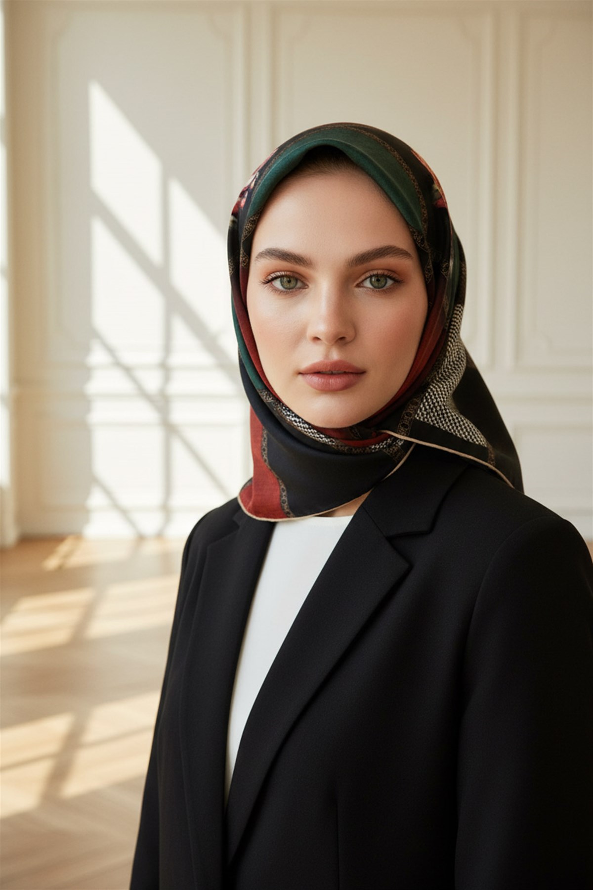 %100 Twill İpek Dokulu Çiçekli Ve Geometrik Desenli Siyah - Zümrüt Yeşili Renkli 90x90 Eşarp Dikim Şekli : El Dikişi