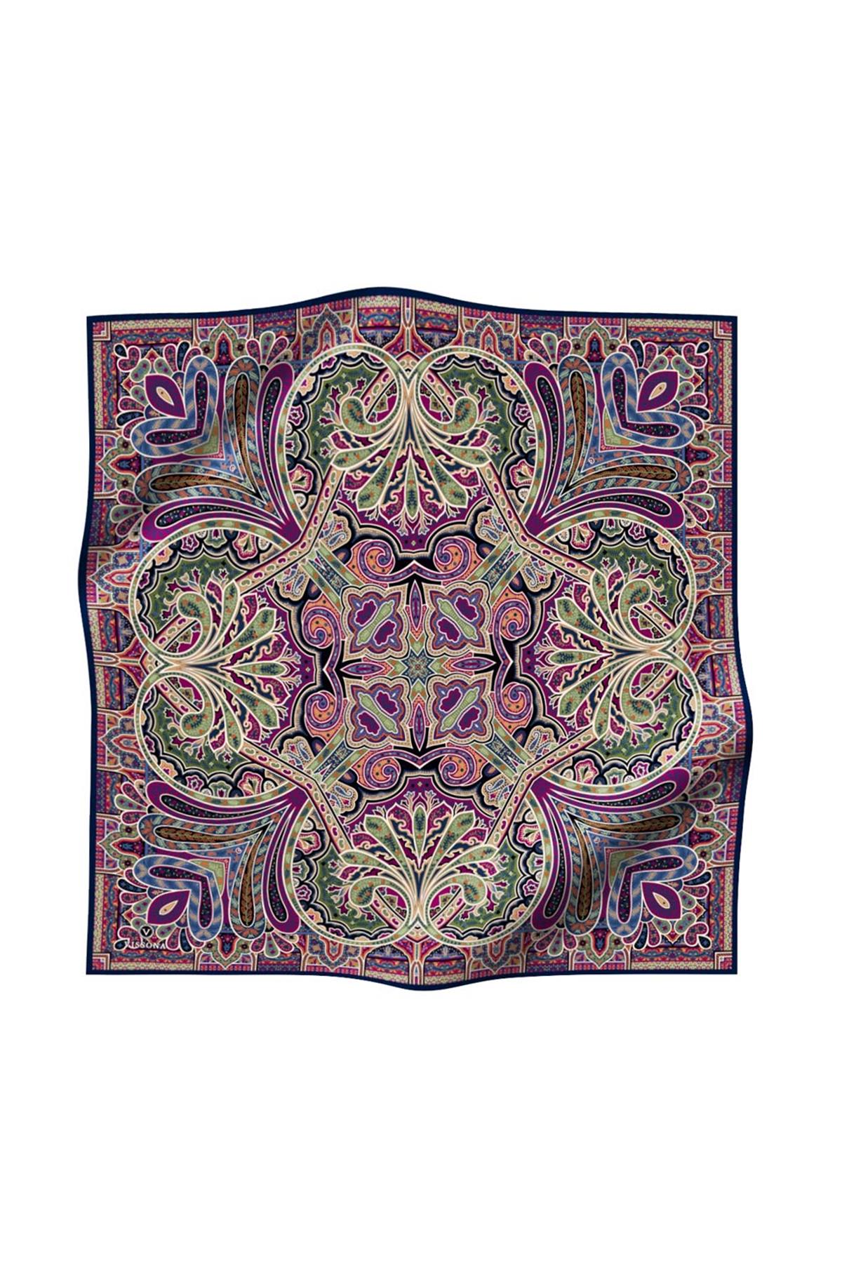 100% Twill İpek Etnik Desenli Lacivert - Haki Renkli 90x90 Dikim Şekli : El Dikişi Eşarp