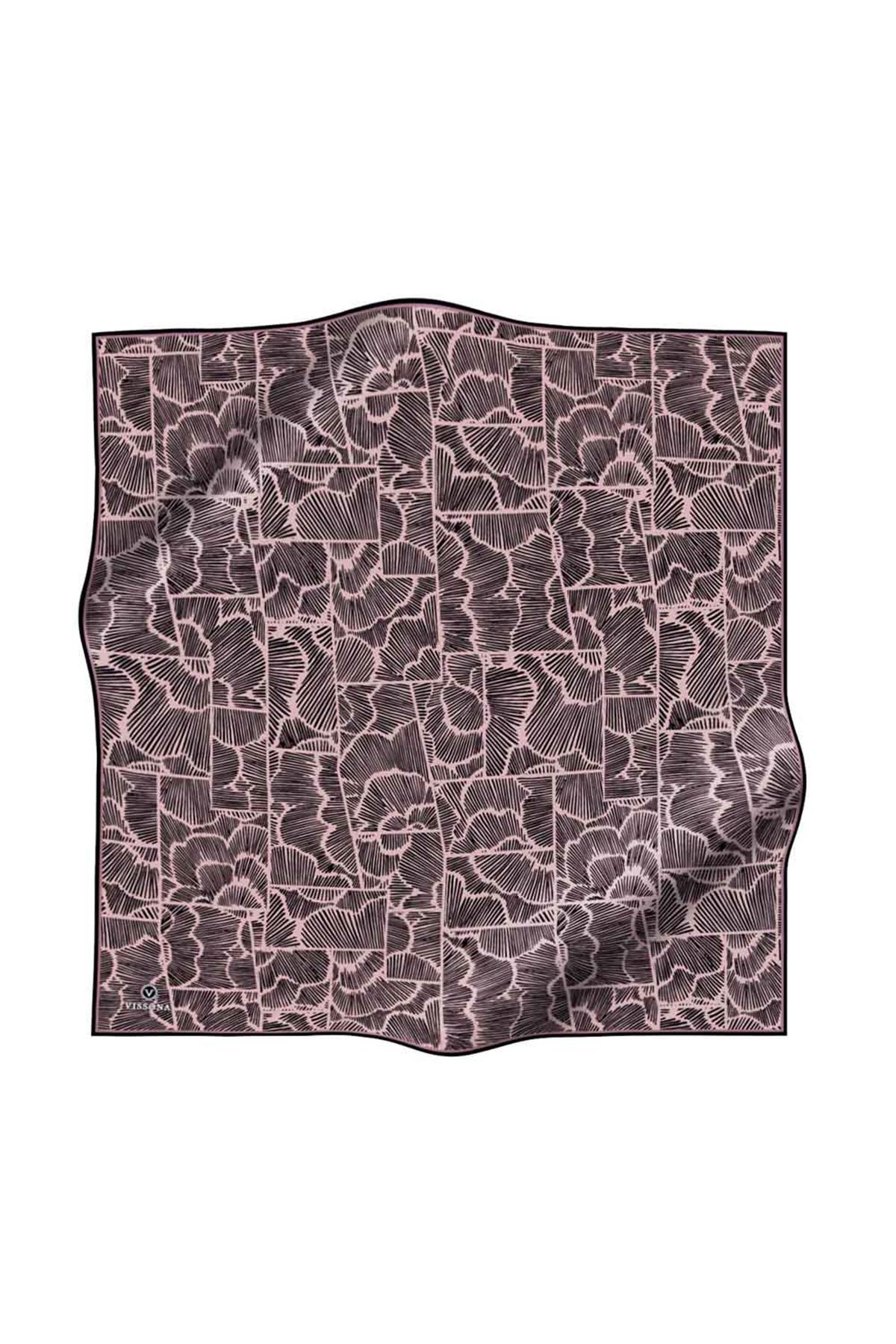 %100 Twill İpek Geometrik Desenli Pudra - Siyah Renkli 90x90 Eşarp Dikim Şekli : El Dikişi