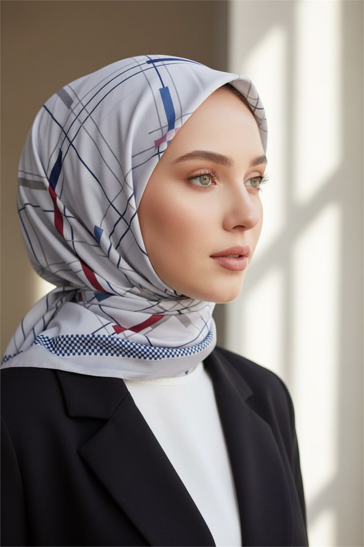 KREP GEOMETRİK DESENLİ GRİ - MÜRDÜM RENKLİ 75X195 KIRIŞMAZ ŞAL