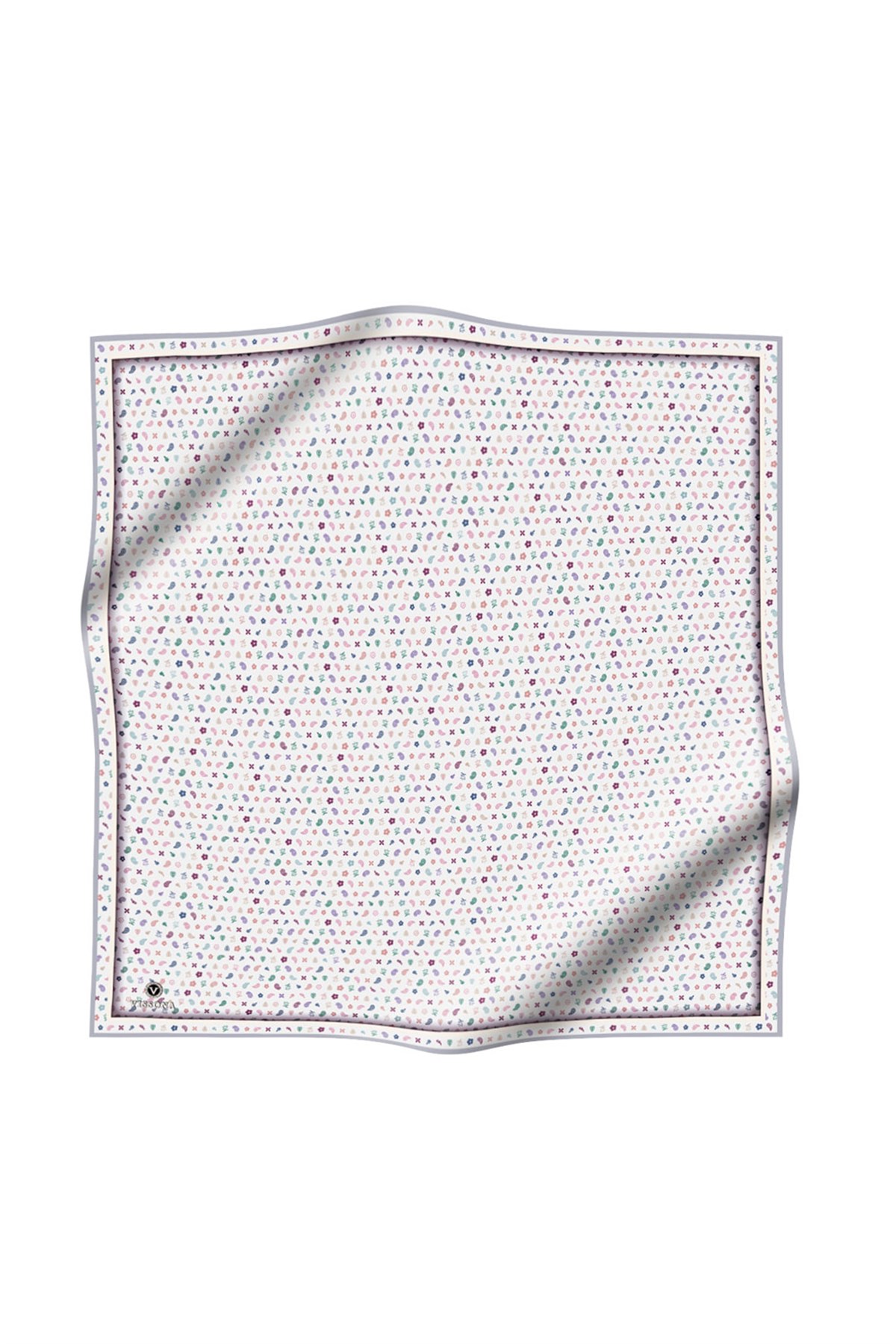 %100 Twill İpek Çıtır Desenli Gümüş - Gri Renkli 90x90 Eşarp Dikim Şekli : El Dikişi