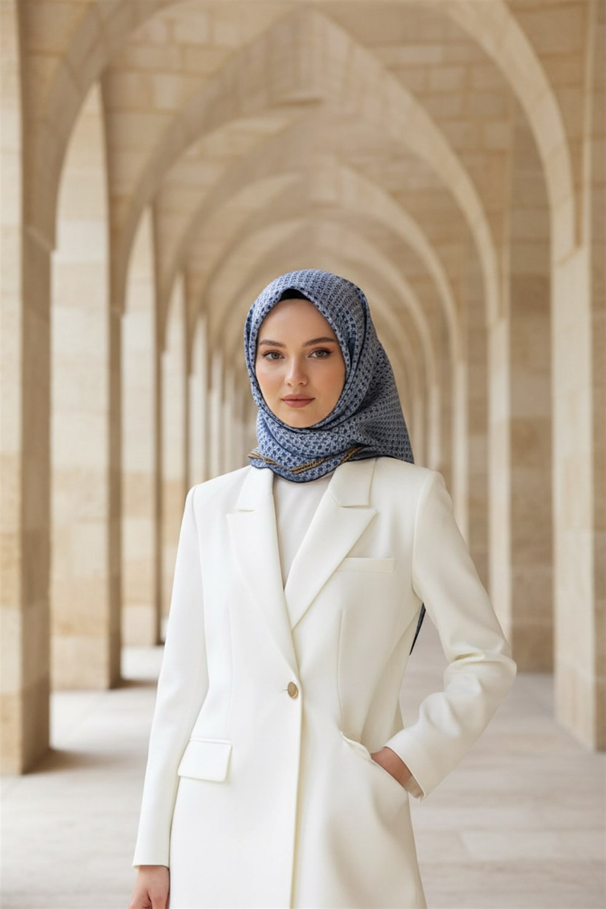 %57 İPEK %43 VİSKON Twill İpek Zincir Desenli Bebe Mavisi - Siyah Renkli 90x90 Eşarp Dikim Şekli : El Dikişi