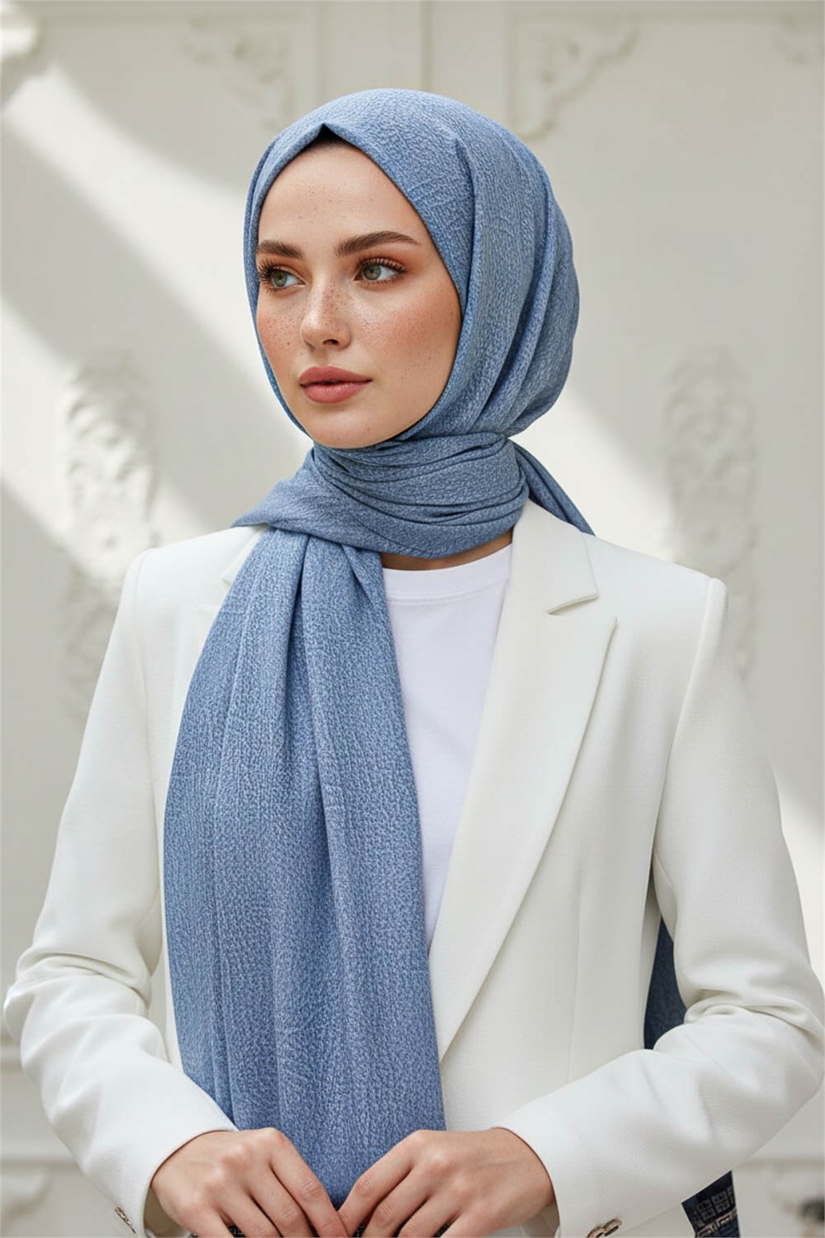 KREP DESENLİ BEBE MAVİSİ RENKLİ 75X195 KIRIŞMAZ ŞAL