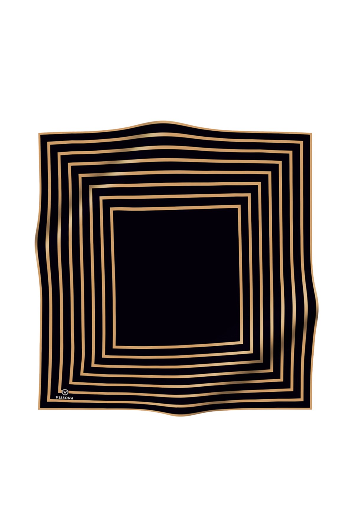 %100 Twill İpek Çizgili Desenli Siyah - Gold Renkli 90x90 Eşarp Dikim Şekli : El Dikişi