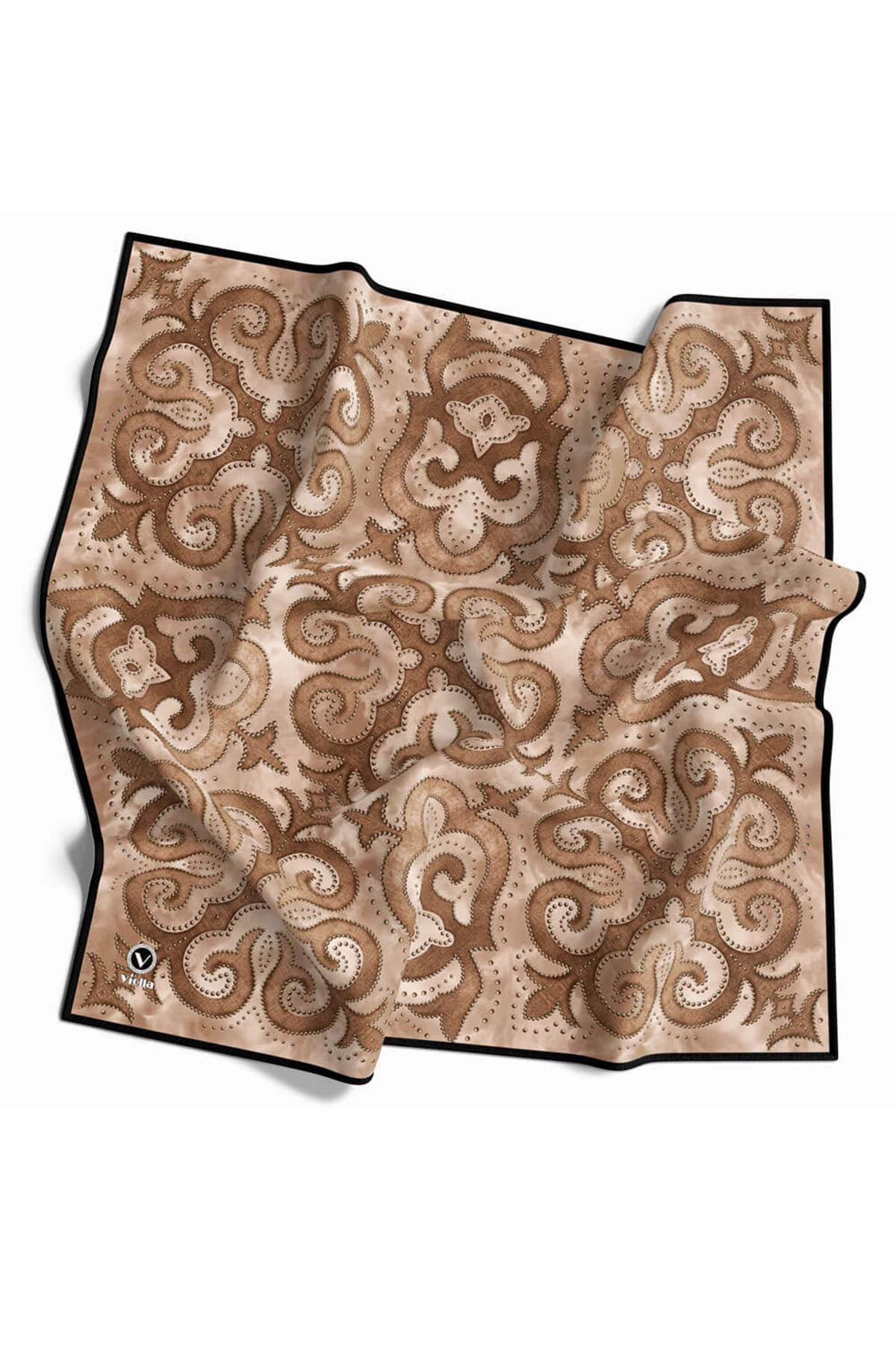 Twill Barok Desenli Bej Renkli 90x90 Eşarp (İpek İçermez) Kenar Dikiş Şekli El Dikişli