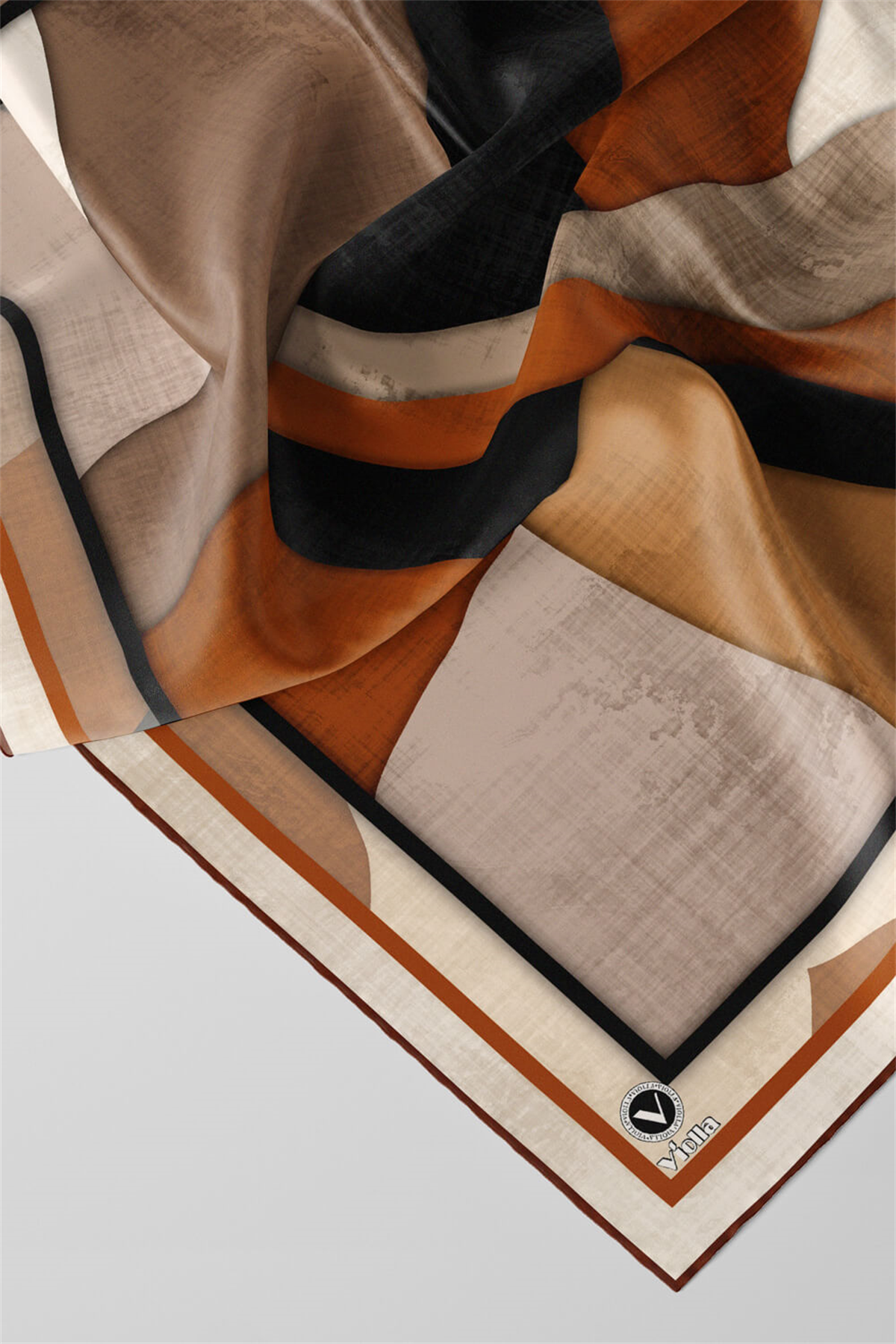 Twill Geometrik Desenli Taba Renkli 90x90 Eşarp (İpek İçermez) Kenar Dikiş Şekli El Dikişli