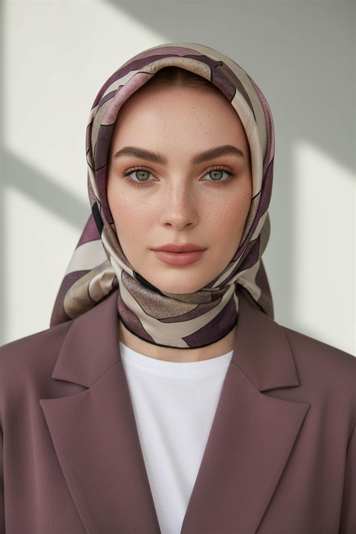 %100 Twill İpek Geometrik Desenli Pudra - Somon Renkli 90x90 Eşarp Dikim Şekli : El Dikişi