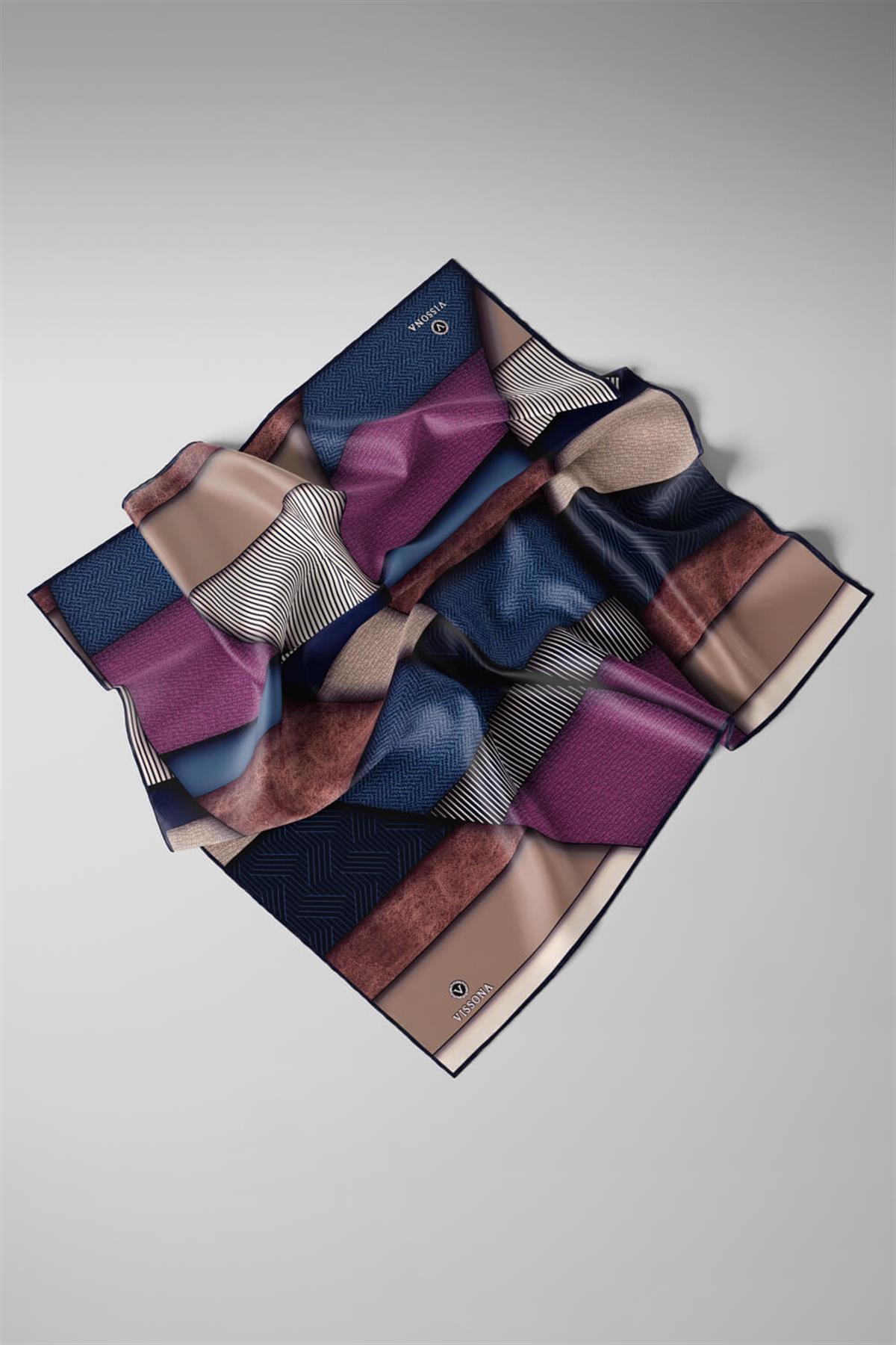 %100 Twill İpek Dokulu ve Geometrik Desenli Lacivert - Mürdüm Renkli 90x90 Eşarp Dikim Şekli : El Dikişi