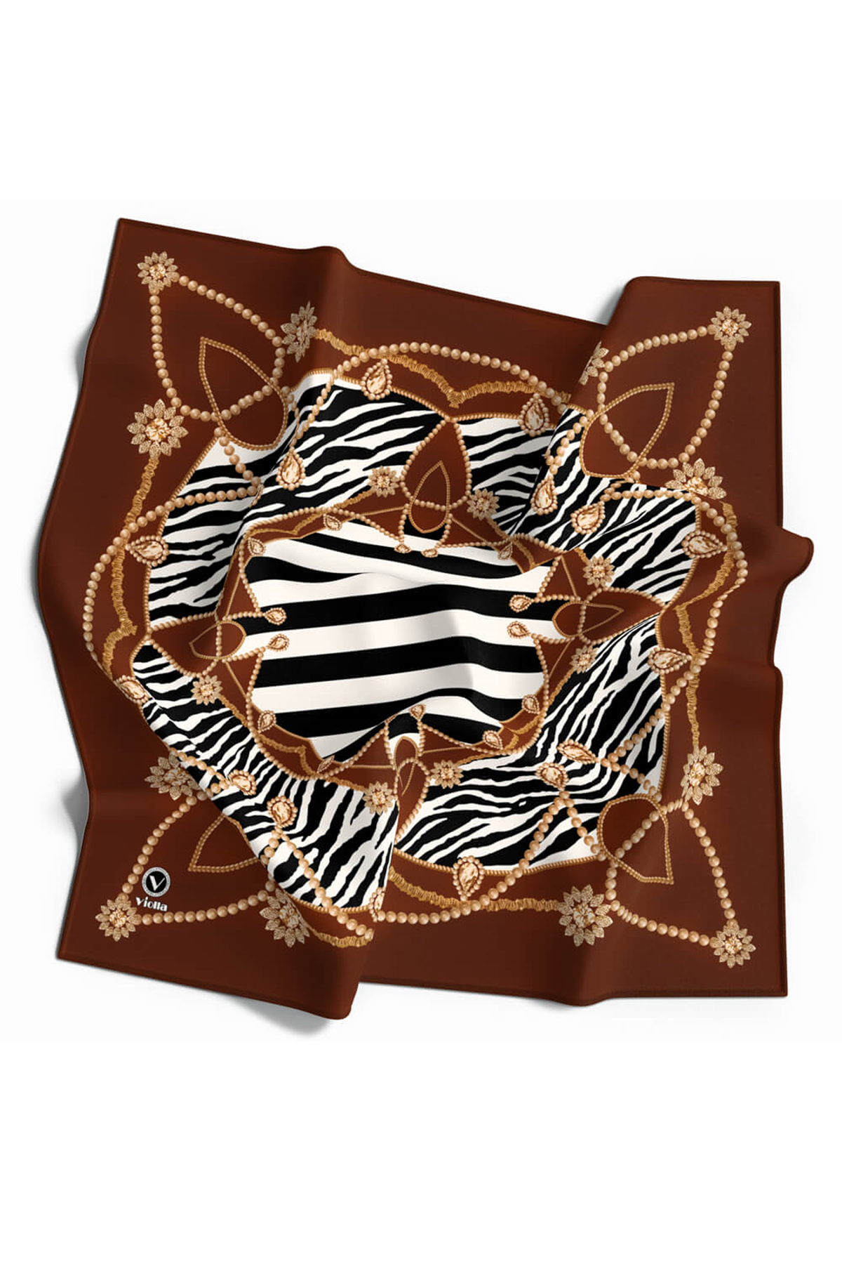 Twill Gold Detaylı Zebra Desenli Taba Renkli 90x90 Eşarp (İpek İçermez) Kenar Dikiş Şekli El Dikişli