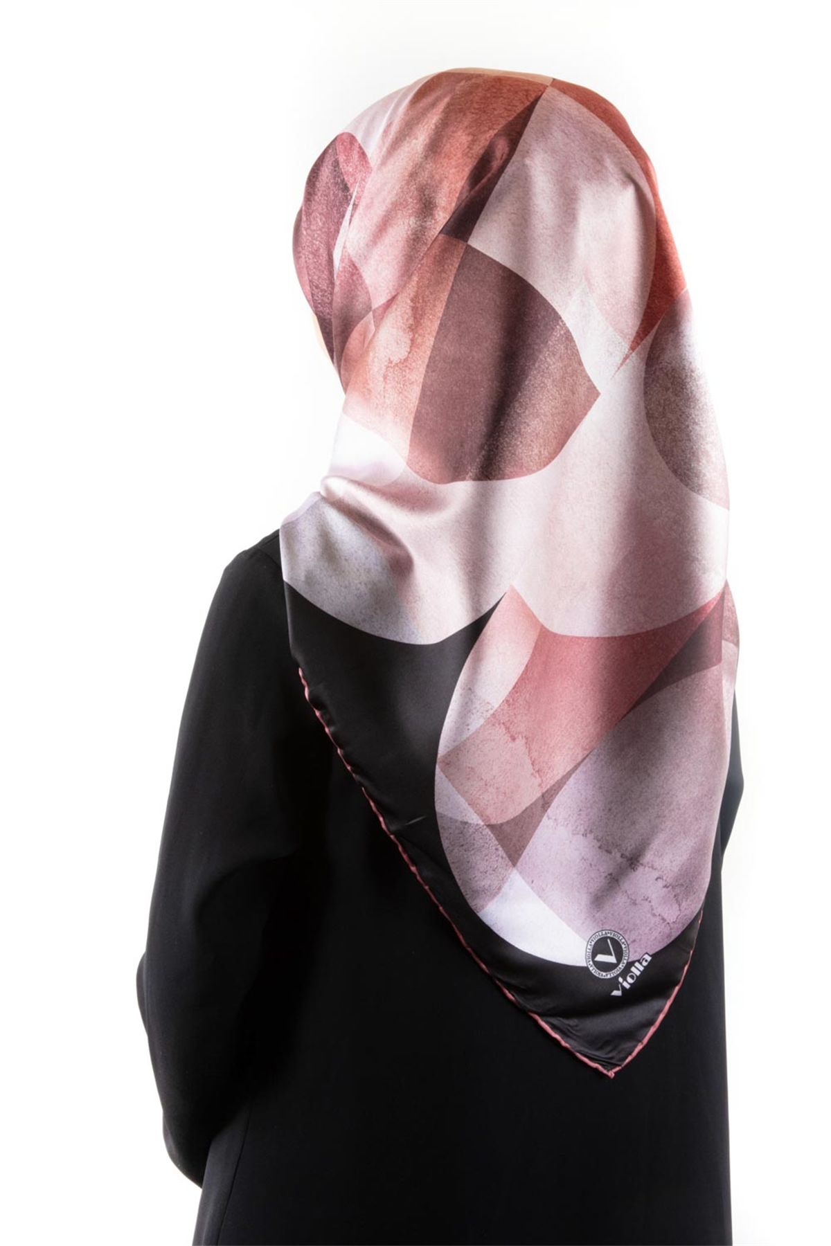 Twill Geometrik Desenli Pembe Renkli 90x90 Eşarp (İpek İçermez)Kenar Dikiş Şekli El Dikişli
