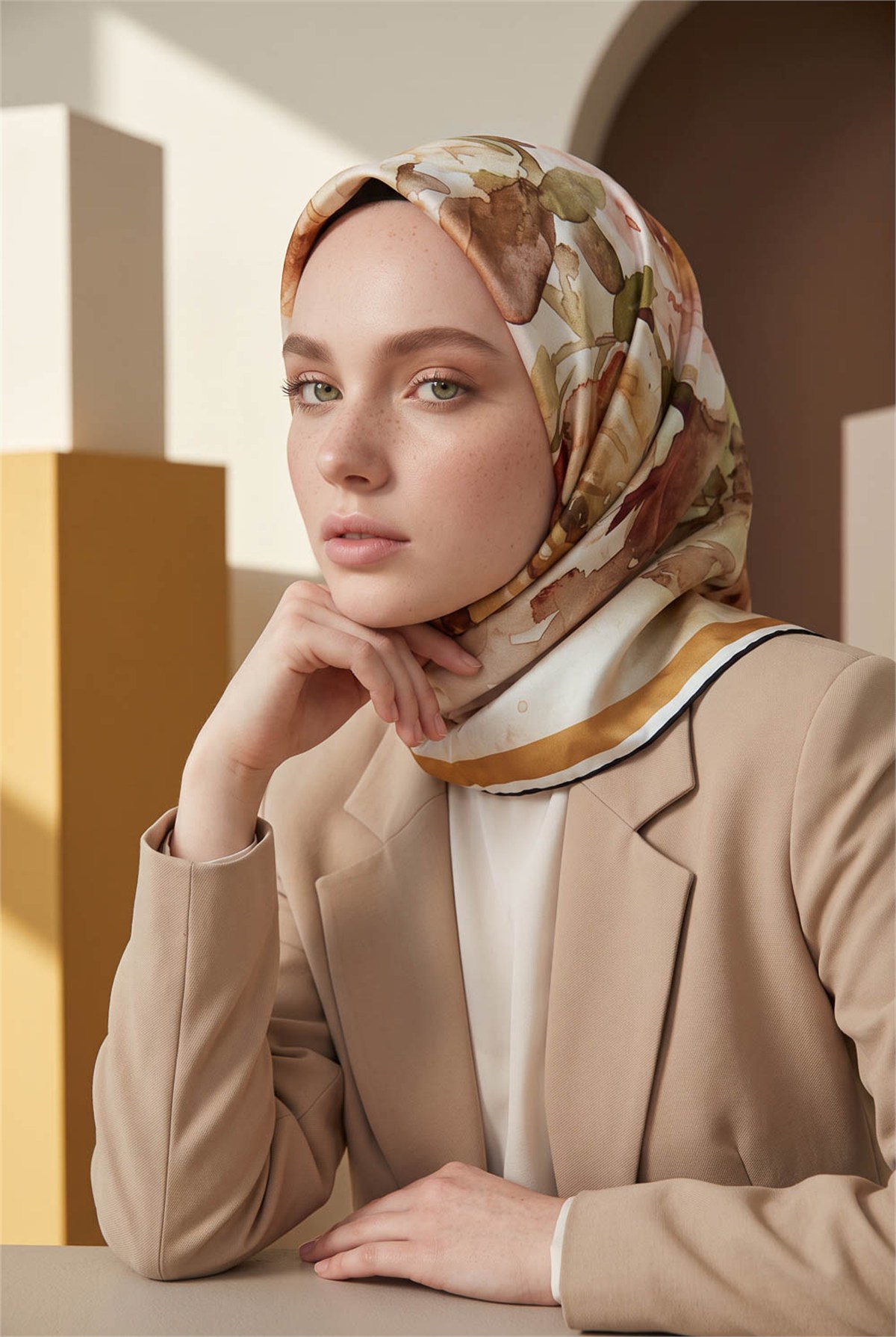 Rayon Çiçek Desenli Hardal Renkli 90x90 Eşarp (İpek İçermez) Kenar Dikiş Şekli El Dikişli