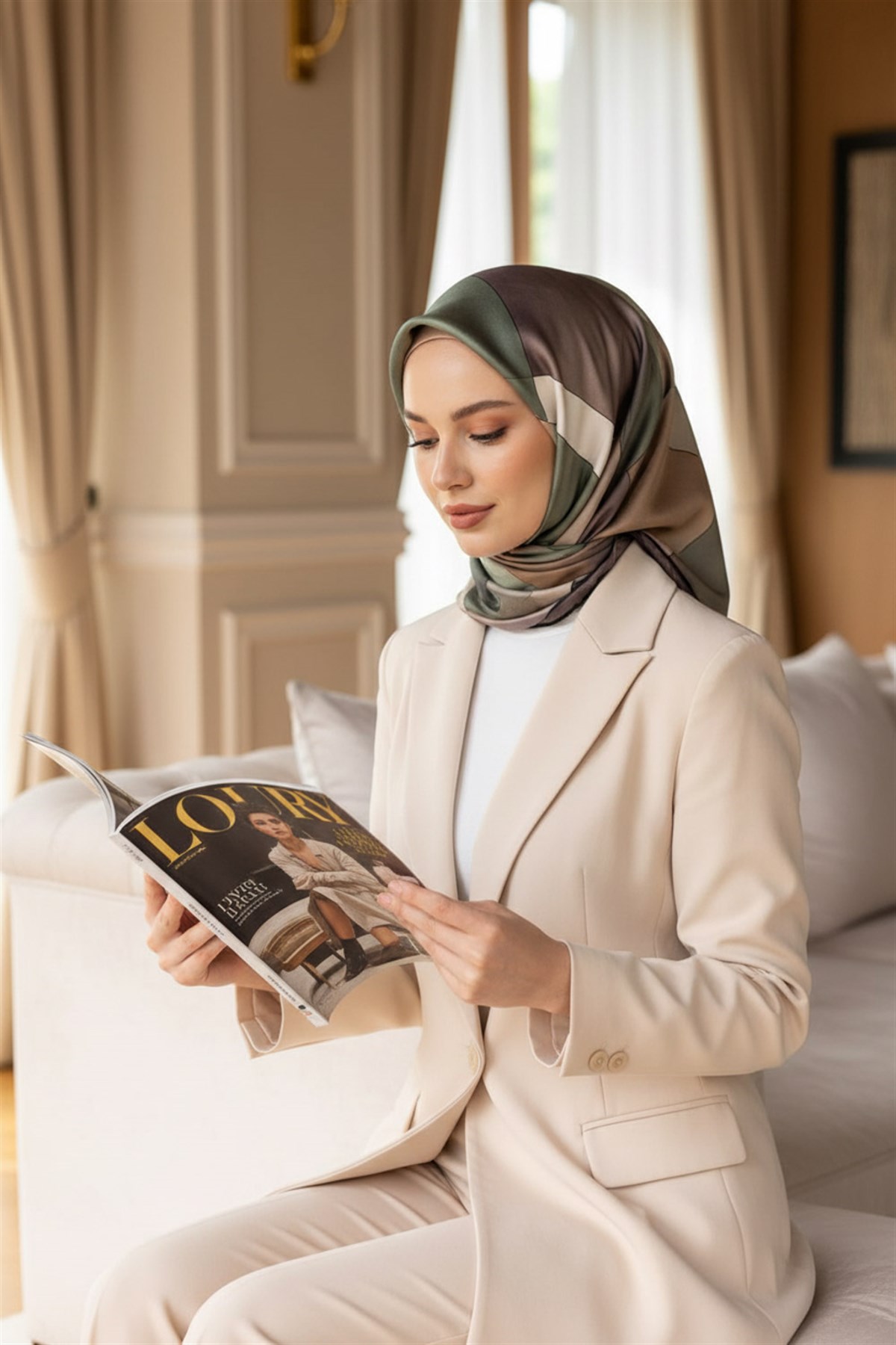 %100 Twill İpek Geometrik Desenli Haki - Bakır Renkli 90x90 Eşarp Dikim Şekli : El Dikişi
