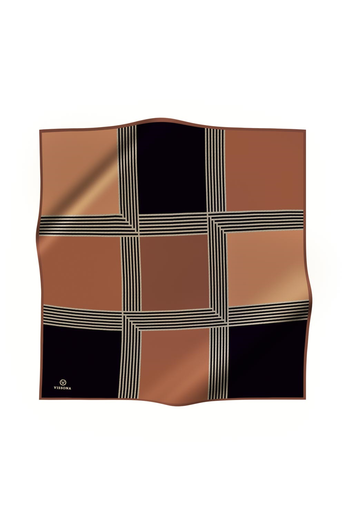 %100 Twill İpek Geometrik Desenli Bakır Renkli 90x90 Eşarp Dikim Şekli : El Dikişi