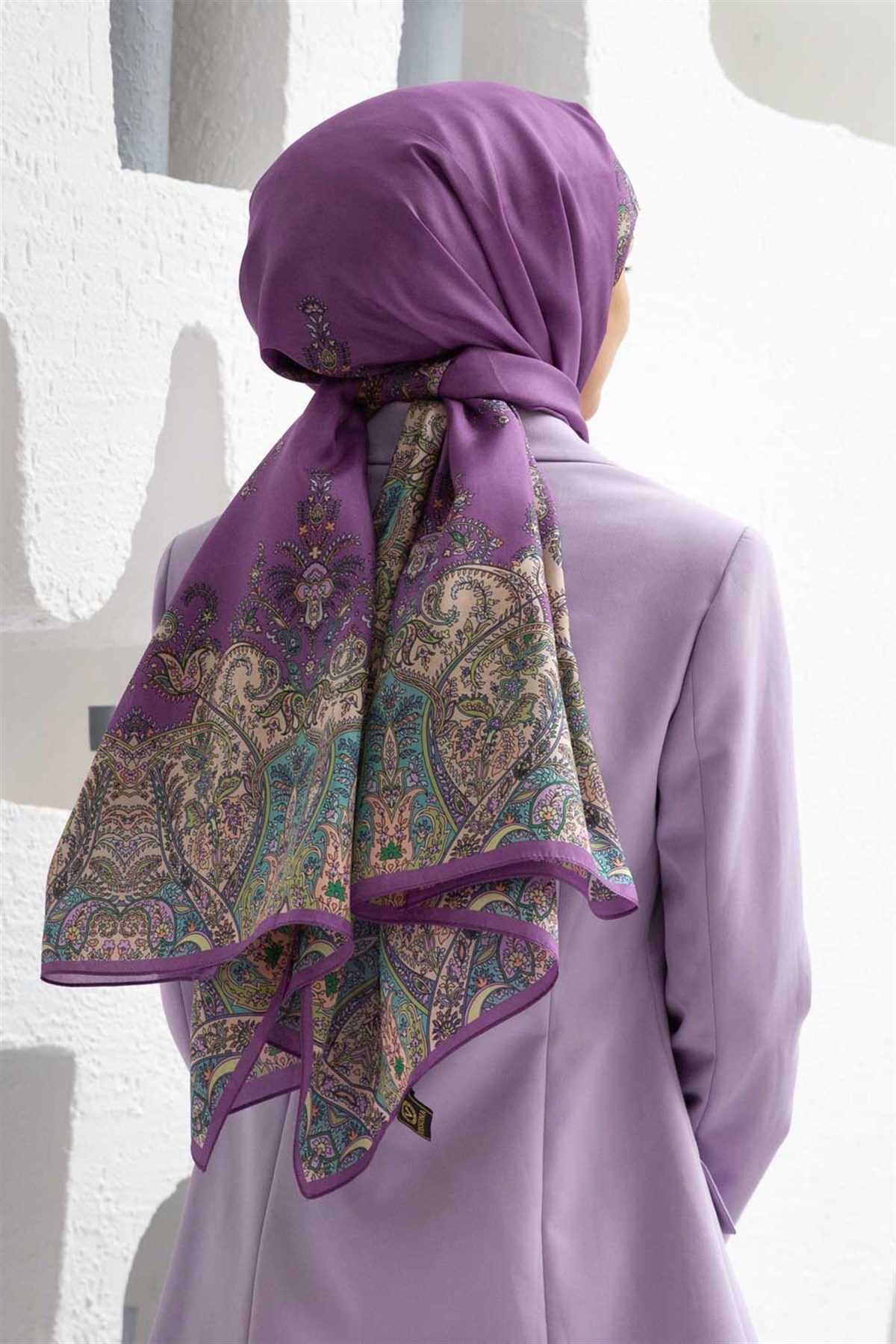 %100 İpek Etnik Desenli Mürdüm Renkli 92x210 Şal