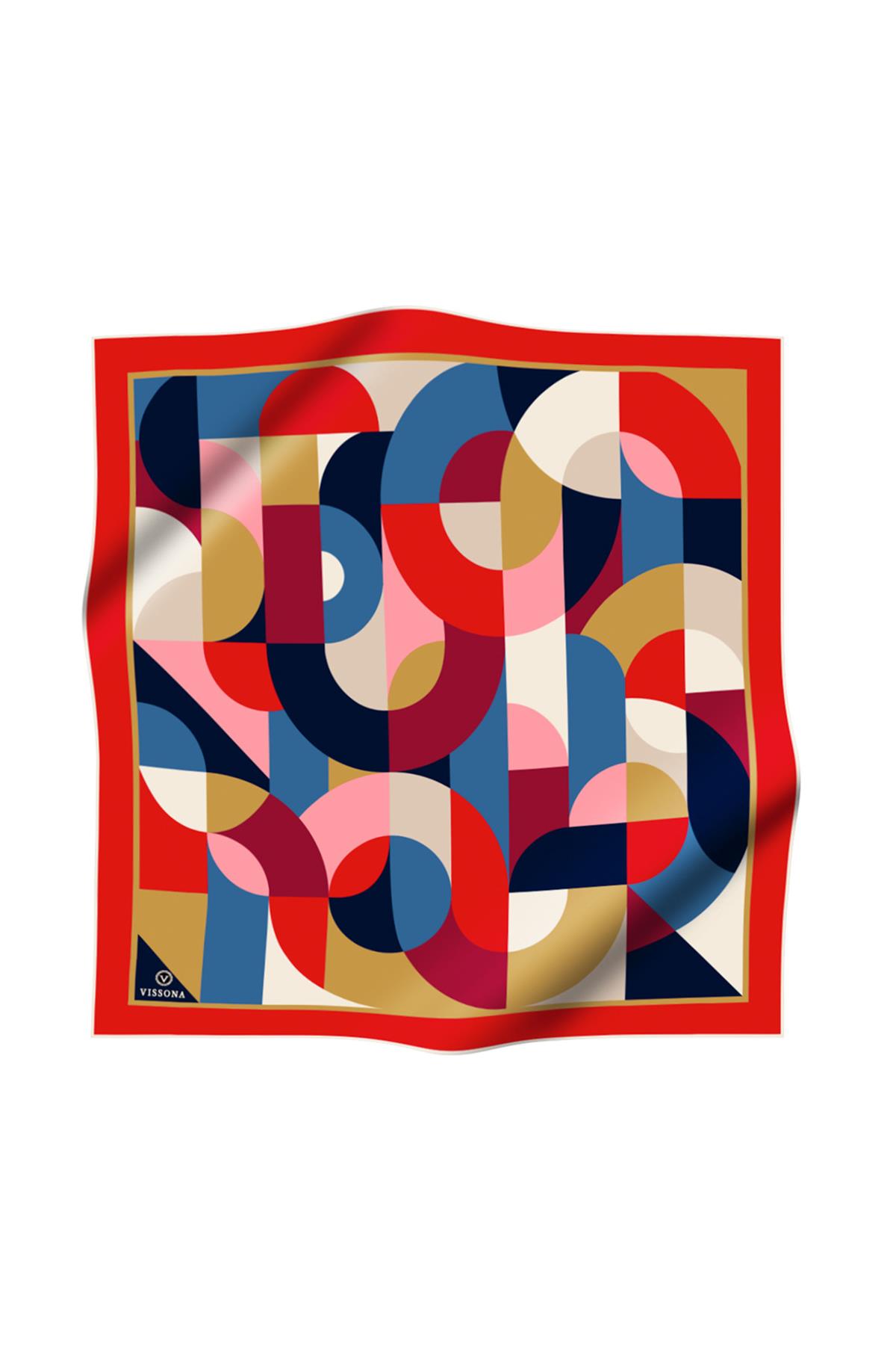 %100 Twill Renk Bloklu Çizgili Desenli Kırmızı - Lacivert Renkli 90x90 Eşarp Dikim Şekli: El Dikişii