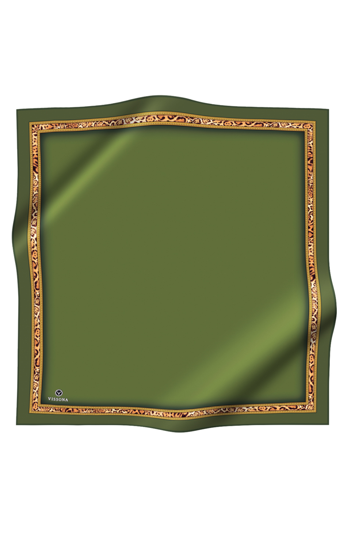 %100 Twill İpek Bordürü Leoparlı Düz Desenli Haki - Gold Renkli 90x90 Eşarp Dikim Şekli : El Dikişi