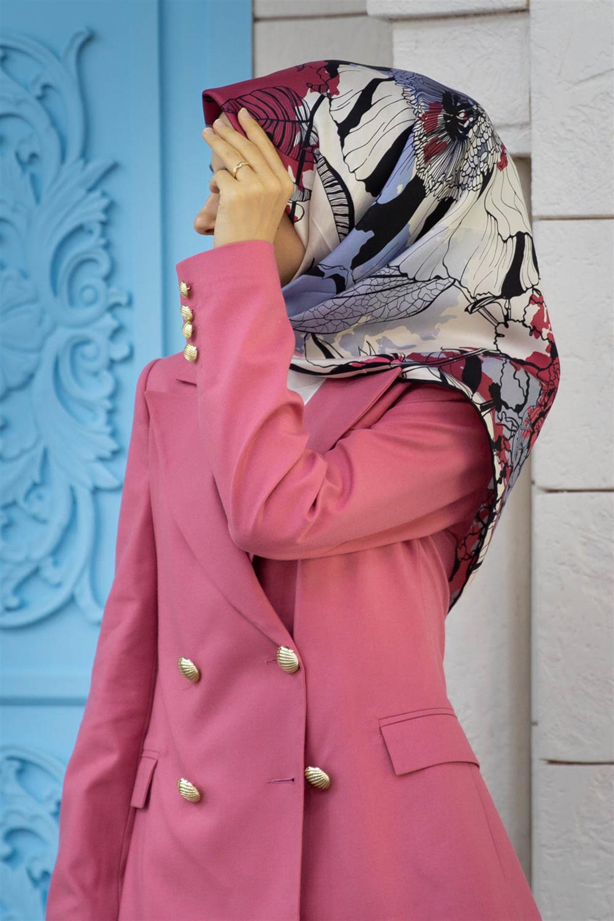 %100 Twill İpek Yaprak Desenli İndigo - Bordo Renkli 90x90 Eşarp Dikim Şekli : El Dikişi