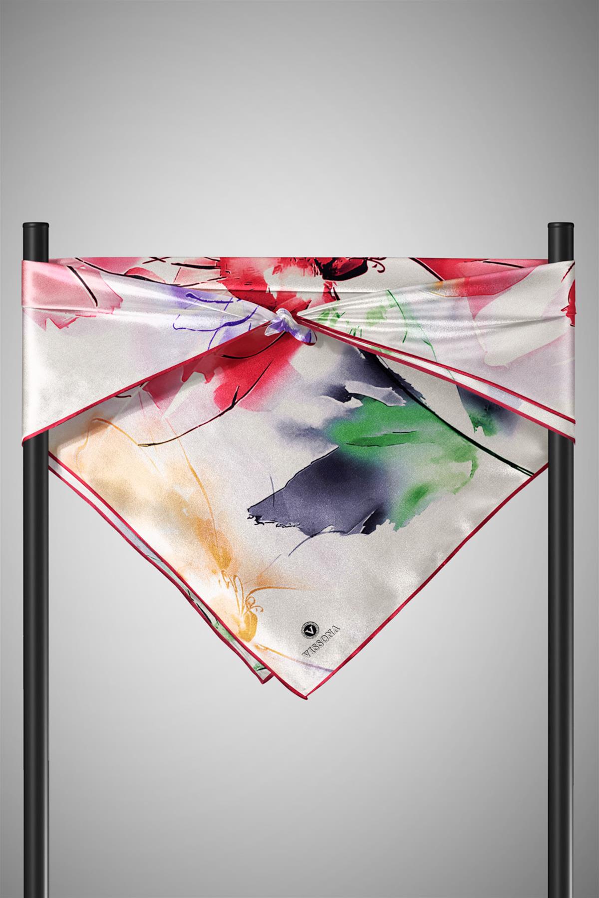 %100 Twill İpek Sulu Boya Çiçek Desenli Kırmızı - Fuşya Renkli 90x90 Eşarp Dikim Şekli : El Dikişi