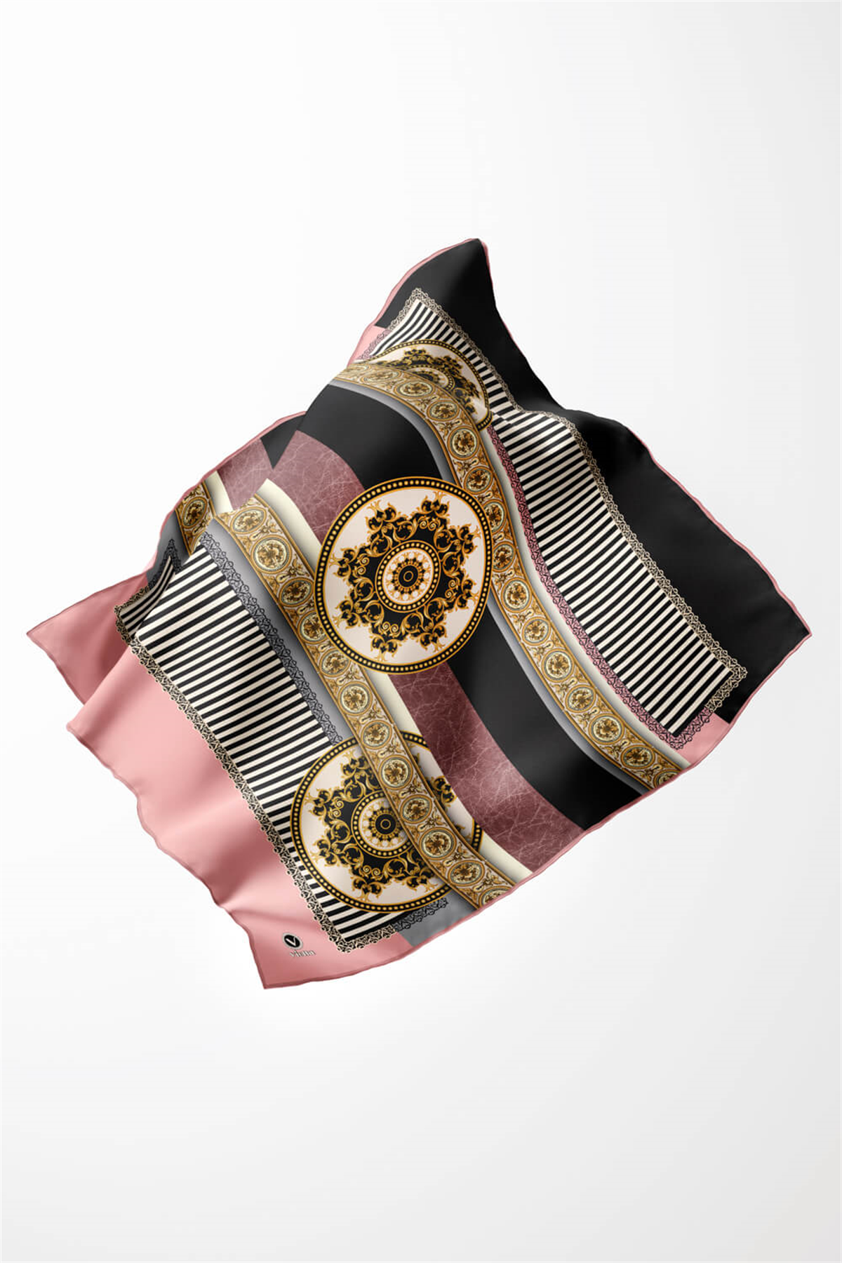 Twill Çizgili ve Barok Desenli Pudra Renkli 90x90 Eşarp (İpek İçermez) Kenar Dikiş Şekli El Dikişli