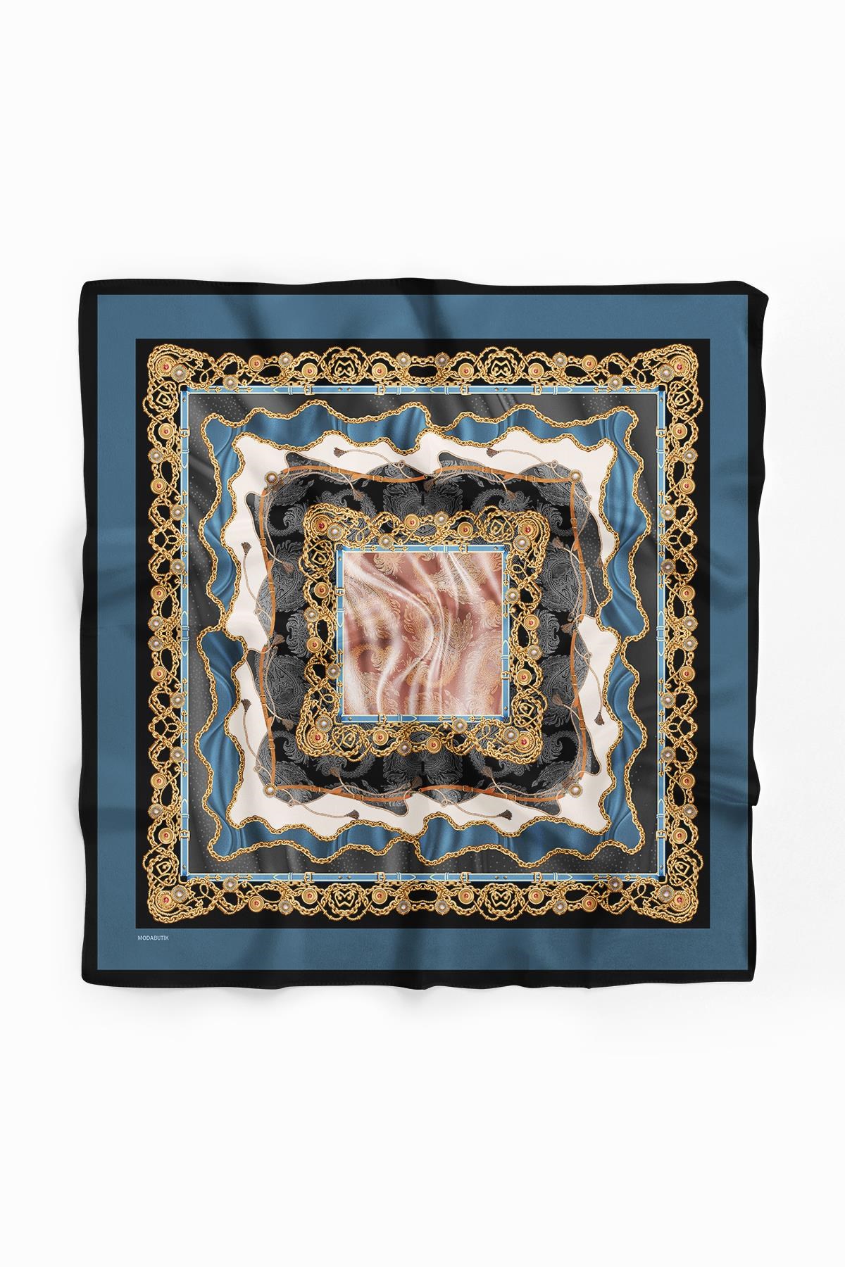 Violla D117 Kadın Zincir  Desenli Bandana 50x50 Mavi DG0222-22 Snz