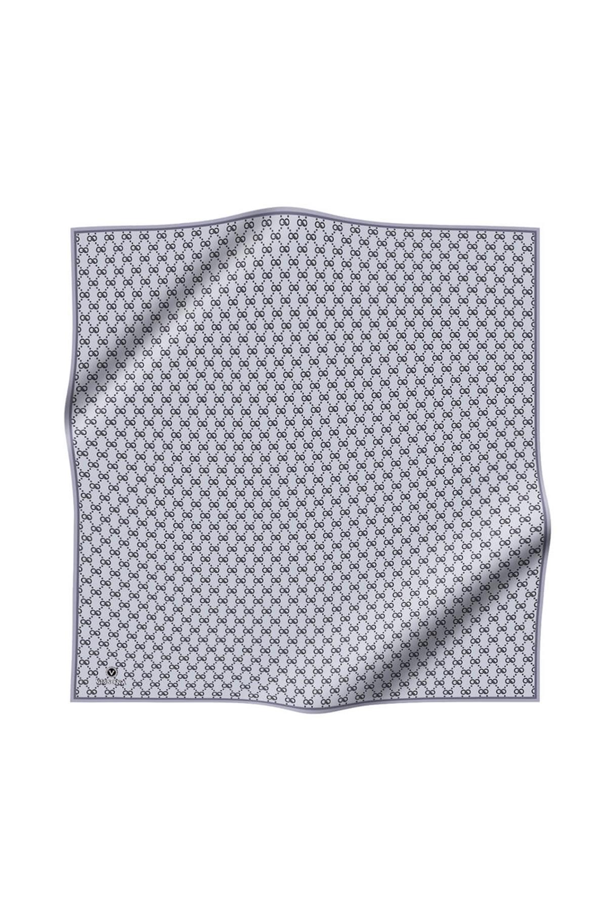 %100 Twill İpek Geometrik Desenli Gri Renkli 90x90 Eşarp Dikim Şekli : El Dikişi