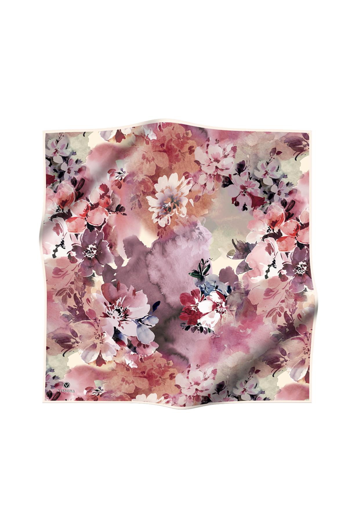 %100 Twill İpek Çiçek  Desenli Krem - Pudra Renkli 90x90 Eşarp Dikim Şekli : El Dikişi