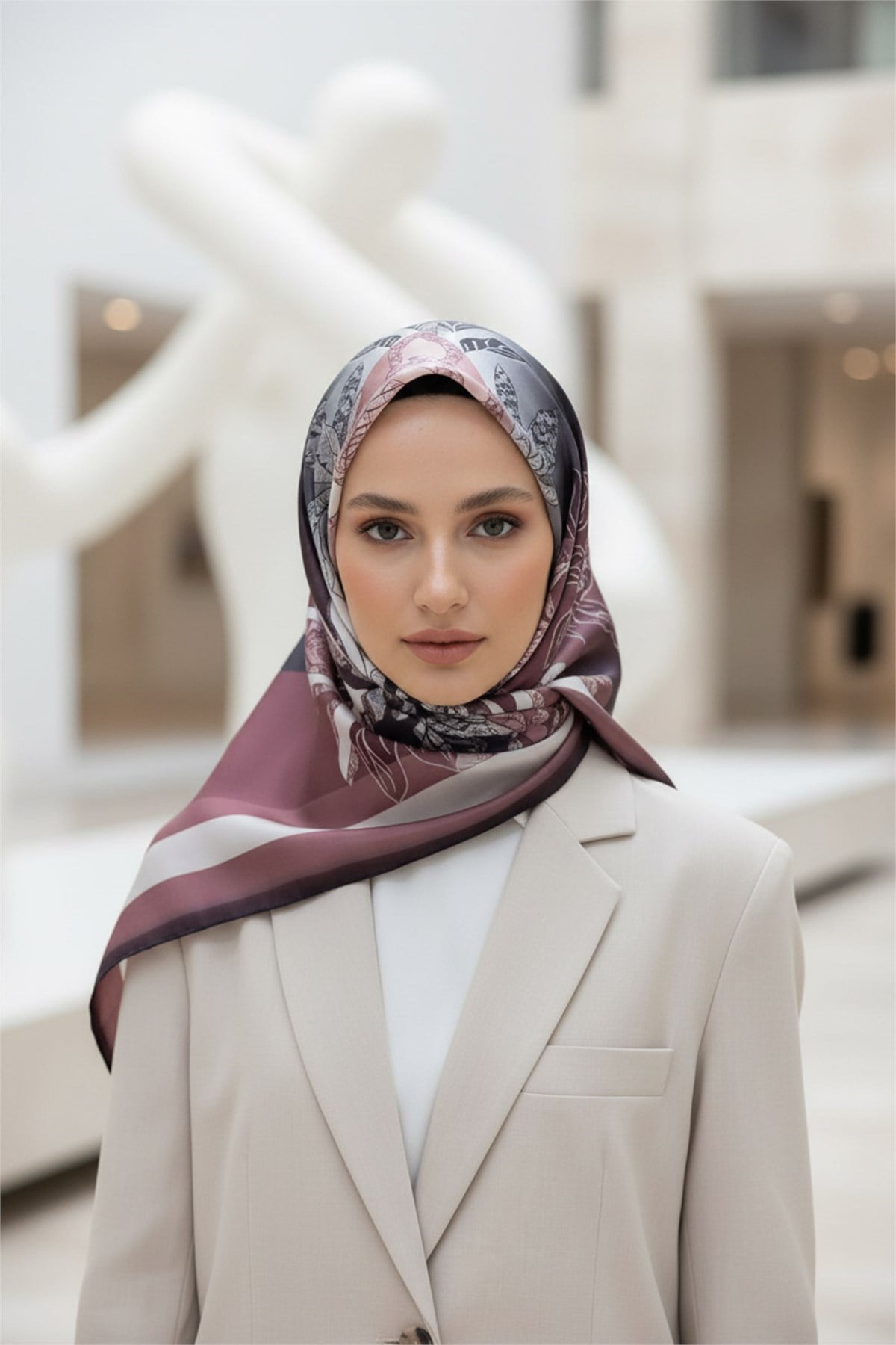 %100 Twill İpek Eşarp 90x90 Geometrik Çiçek Desenli El Dikişli Kadın Eşarp