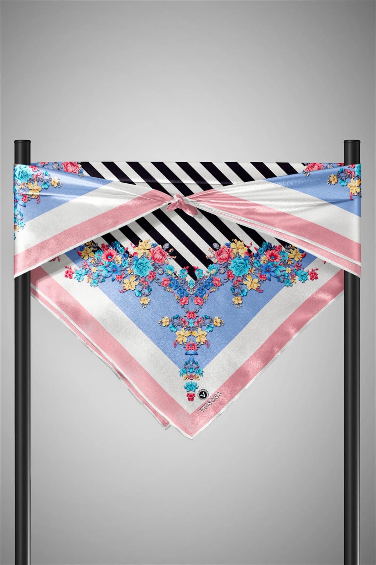 %100 Twill İpek Çıtır Çiçekli Ve Çizgi Desenli Pudra - Bebe Mavisi Renkli 90x90 Eşarp Dikim Şekli : El Dikişi