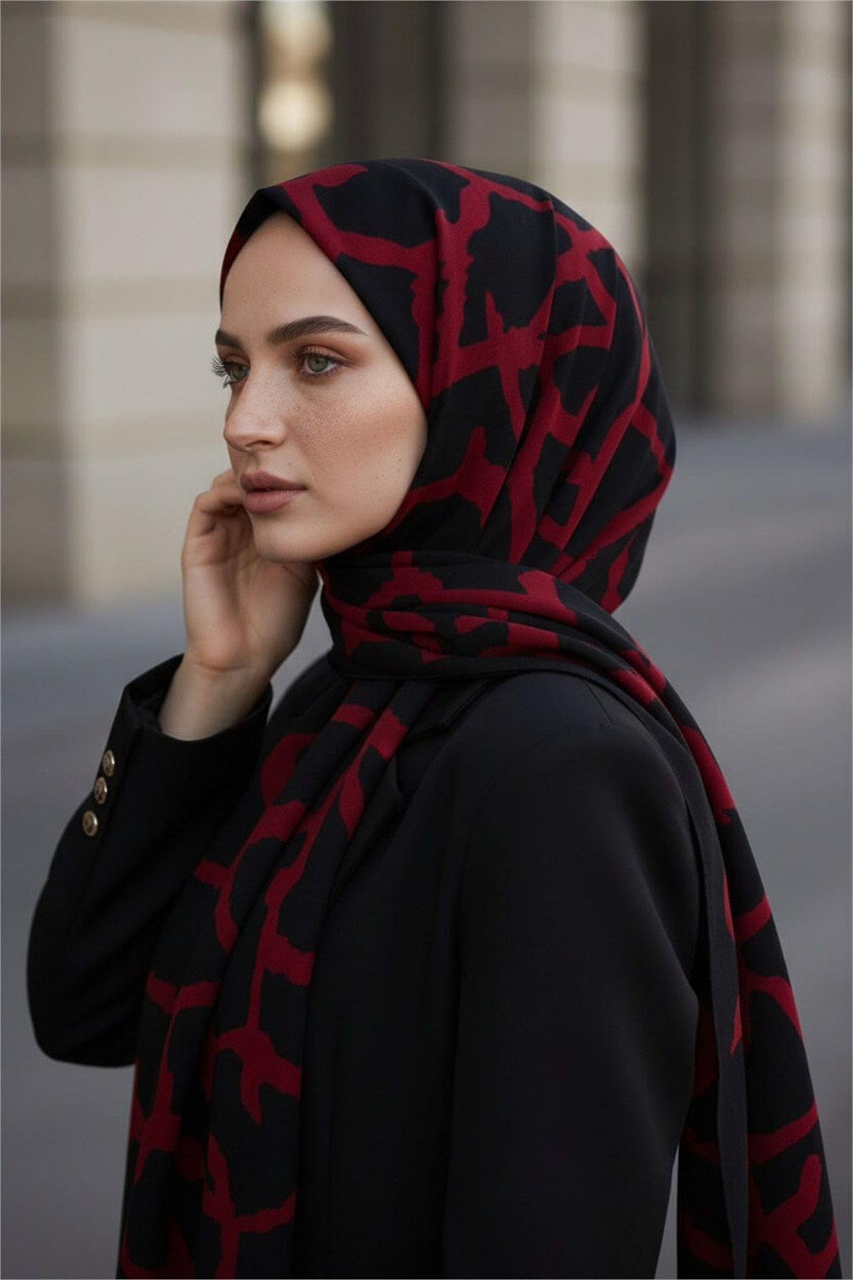 KREP TAŞ DESENLİ SİYAH - KIRMIZI RENKLİ 75X195 KIRIŞMAZ ŞAL