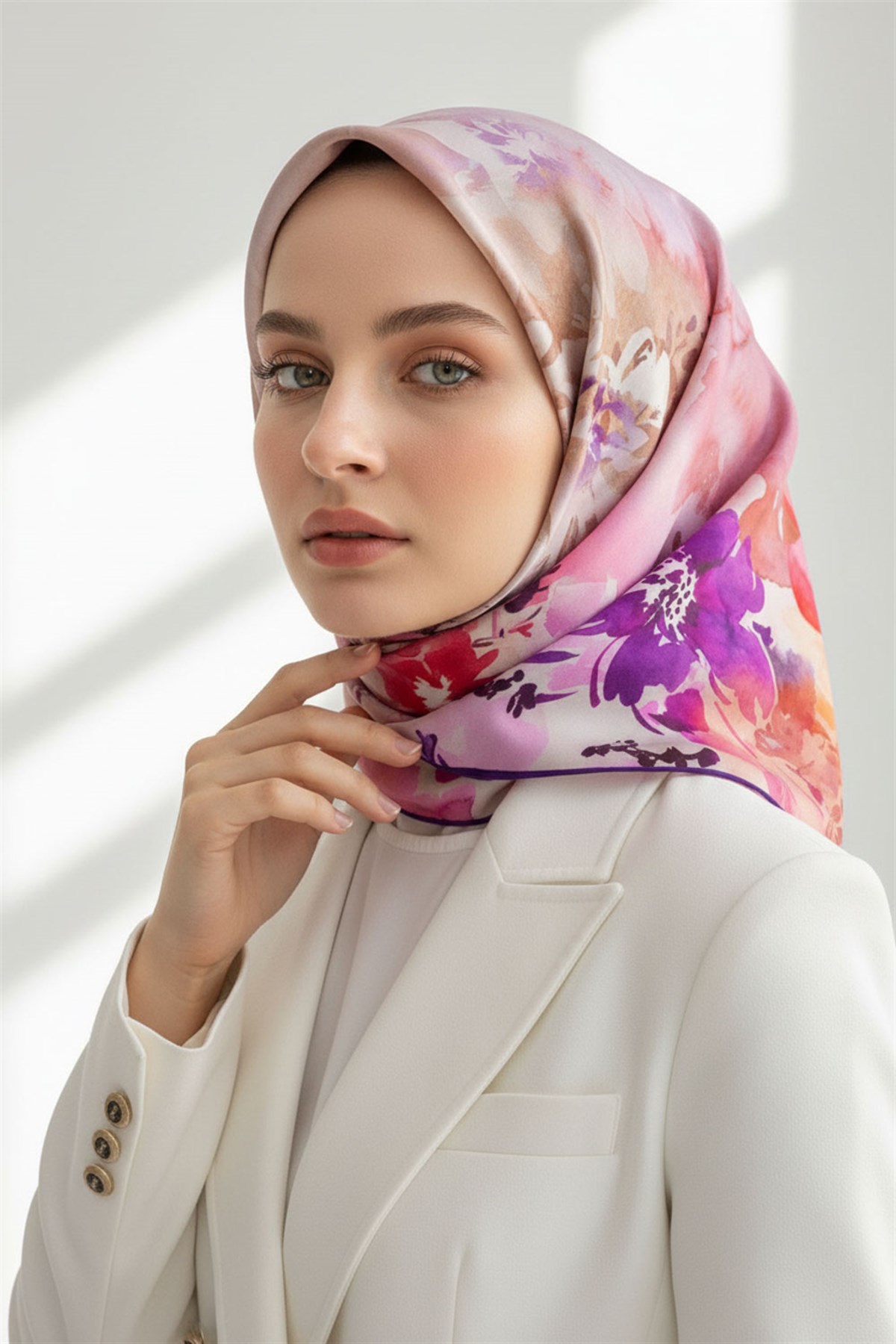 %100 Twill İpek Çiçek  Desenli Mor Renkli 90x90 Eşarp Dikim Şekli : El Dikişi