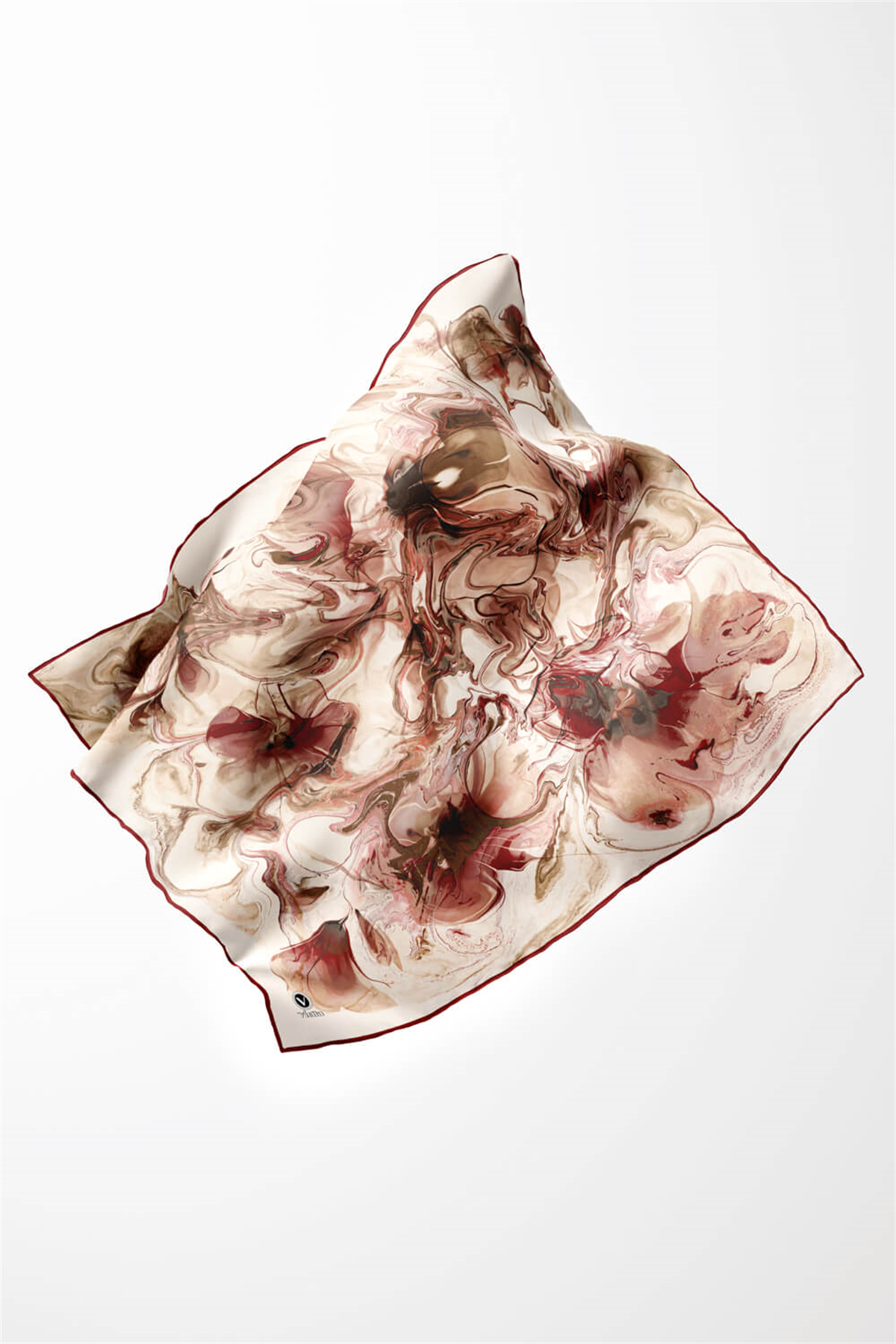 Twill Soyut Desenli Bordo Renkli 90x90 Eşarp (İpek İçermez) Kenar Dikiş Şekli El Dikişli