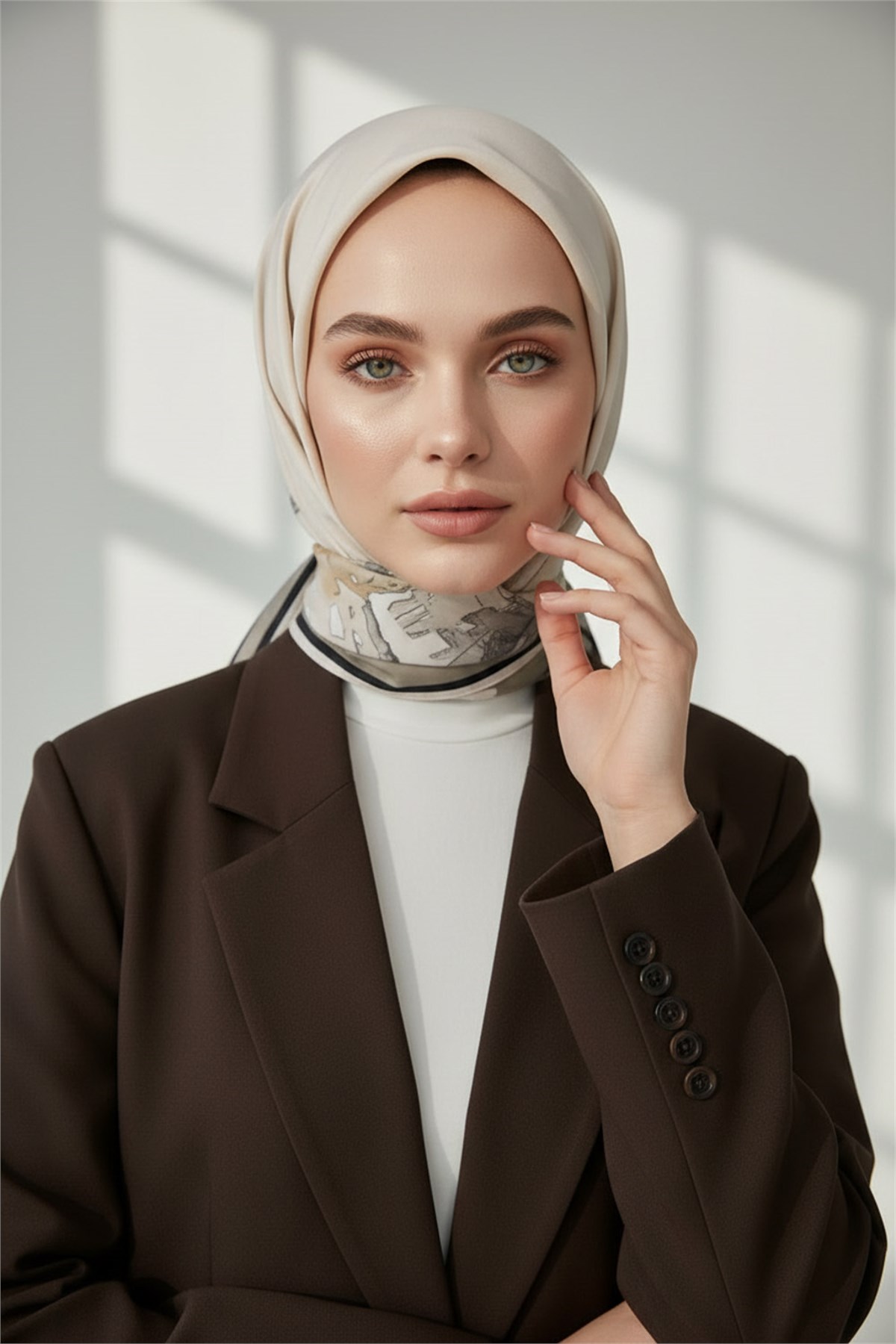 KREP ÇİÇEK DESENLİ BEJ - GRİ RENKLİ 75X195 KIRIŞMAZ ŞAL