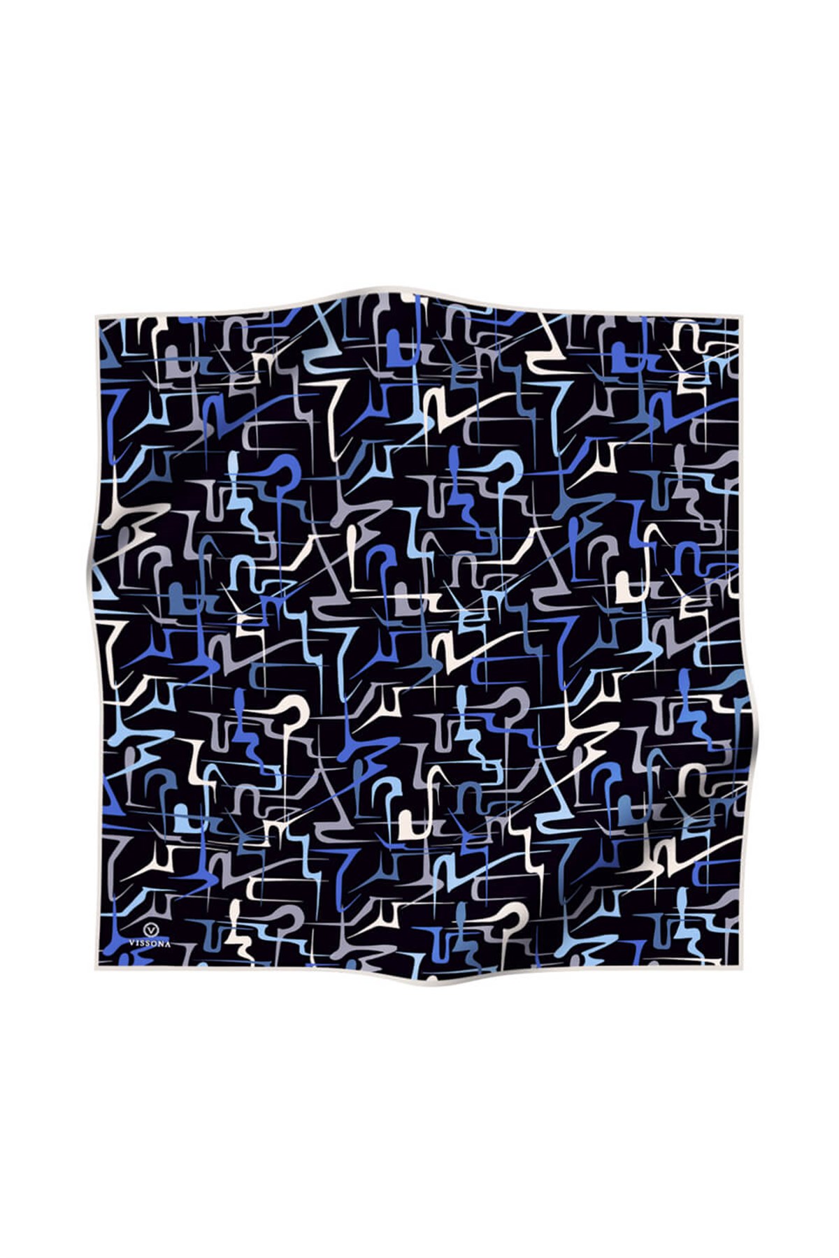 %100 Twill İpek Soyut Geometrik Desenli İndigo - Gri Renkli 90x90 Eşarp Dikim Şekli : El Dikişi