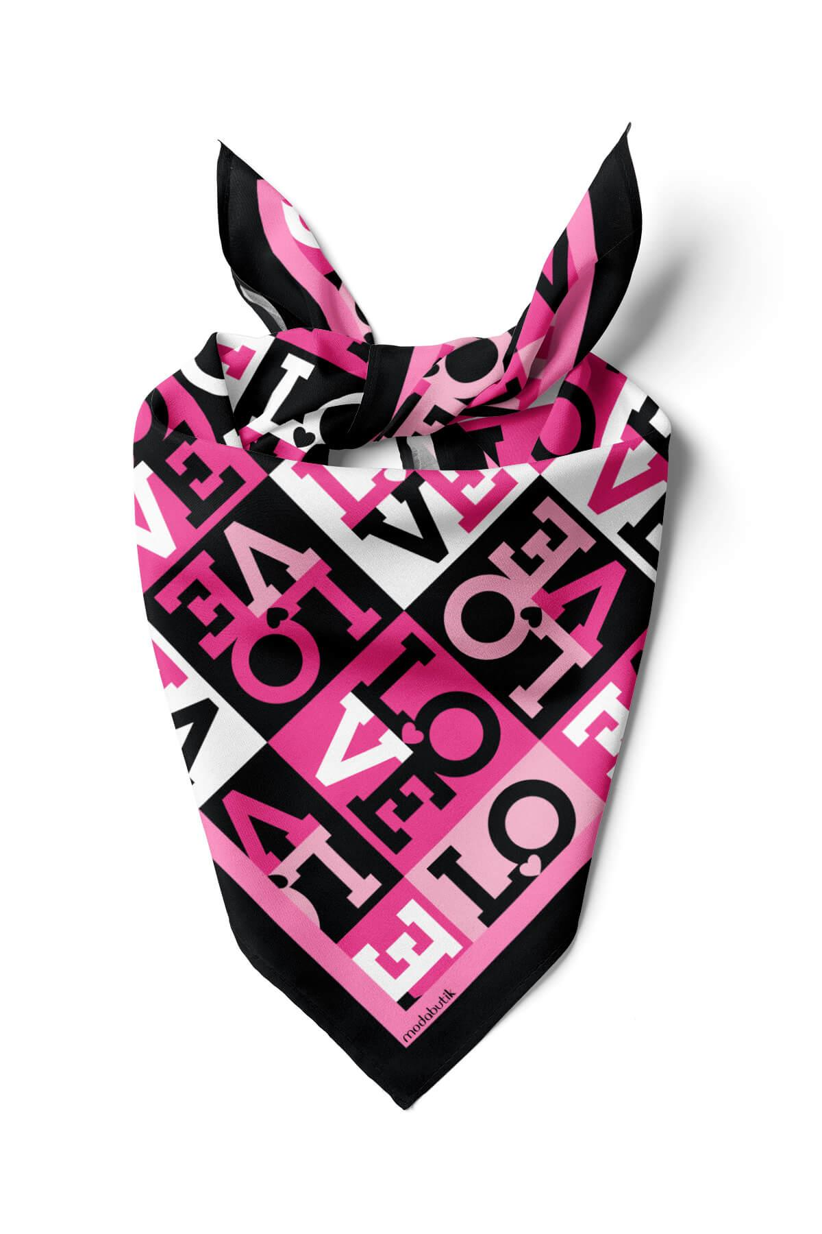 B87 Kadın Siyah Pembe Love Desenli 50x50 Bandana HYL DG0847-22