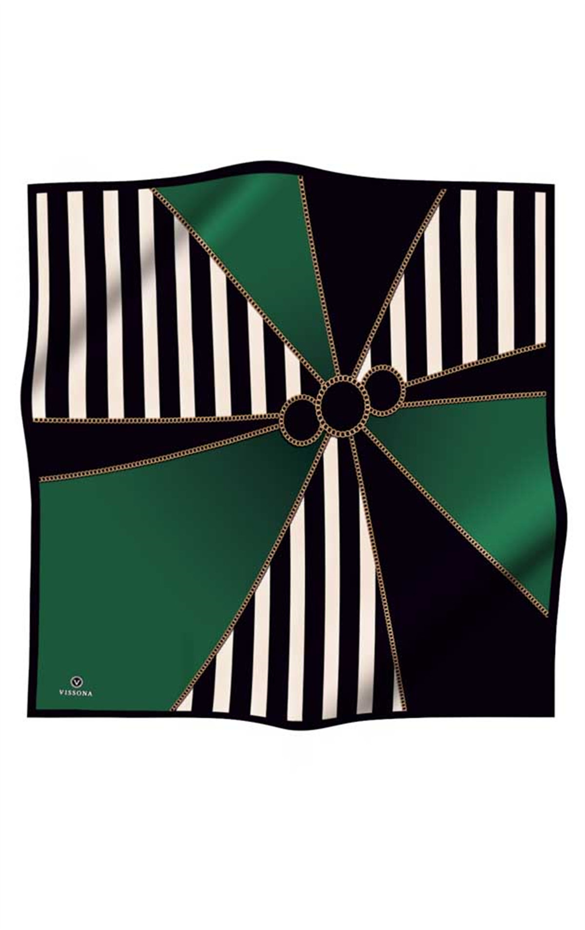 %100 Twill İpek Zincirli Çizgi Desenli Zümrüt Yeşili - Siyah Renkli 90x90 Eşarp Dikim Şekli : El Dikişi