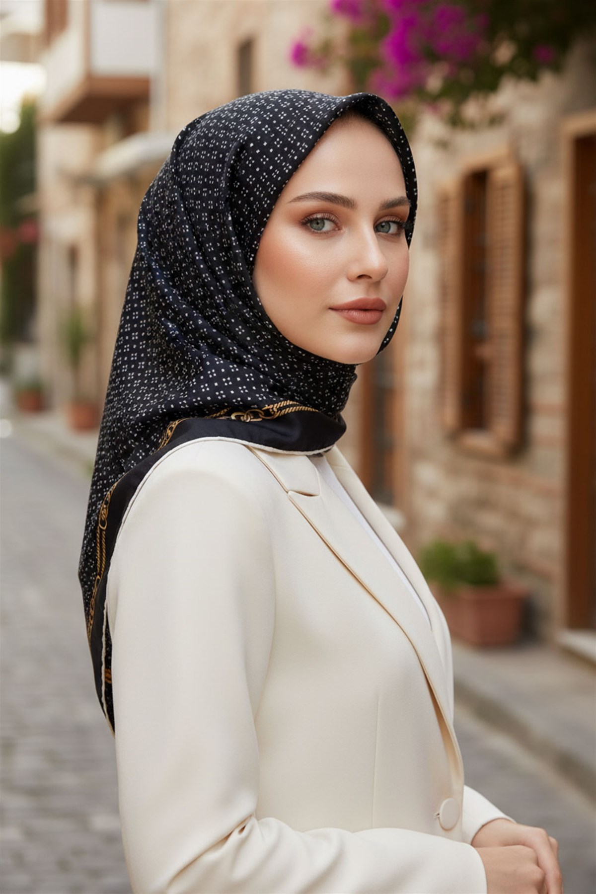 %57 İPEK %43 VİSKON Twill İpek Zincir Desenli Siyah - Krem Renkli 90x90 Eşarp Dikim Şekli : El Dikişi