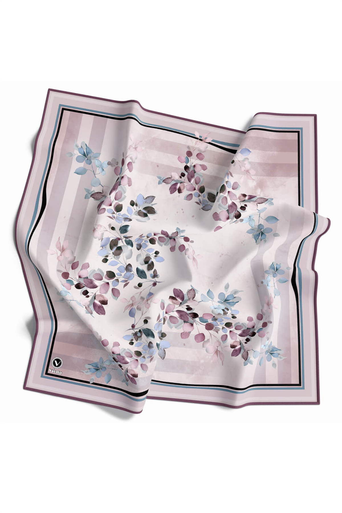 Twill Çiçek Desenli Mor Renkli 90x90 Eşarp (İpek İçermez) Kenar Dikiş Şekli El Dikişli