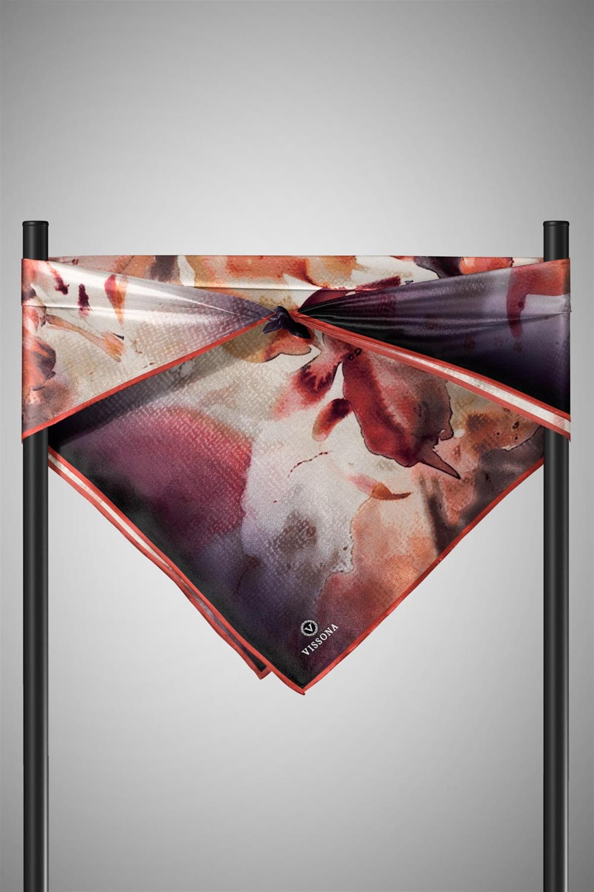 %100 Twill İpek Suluboya Çiçek Desenli Hardal - Taba Renkli 90x90 Eşarp Dikim Şekli : El Dikişi