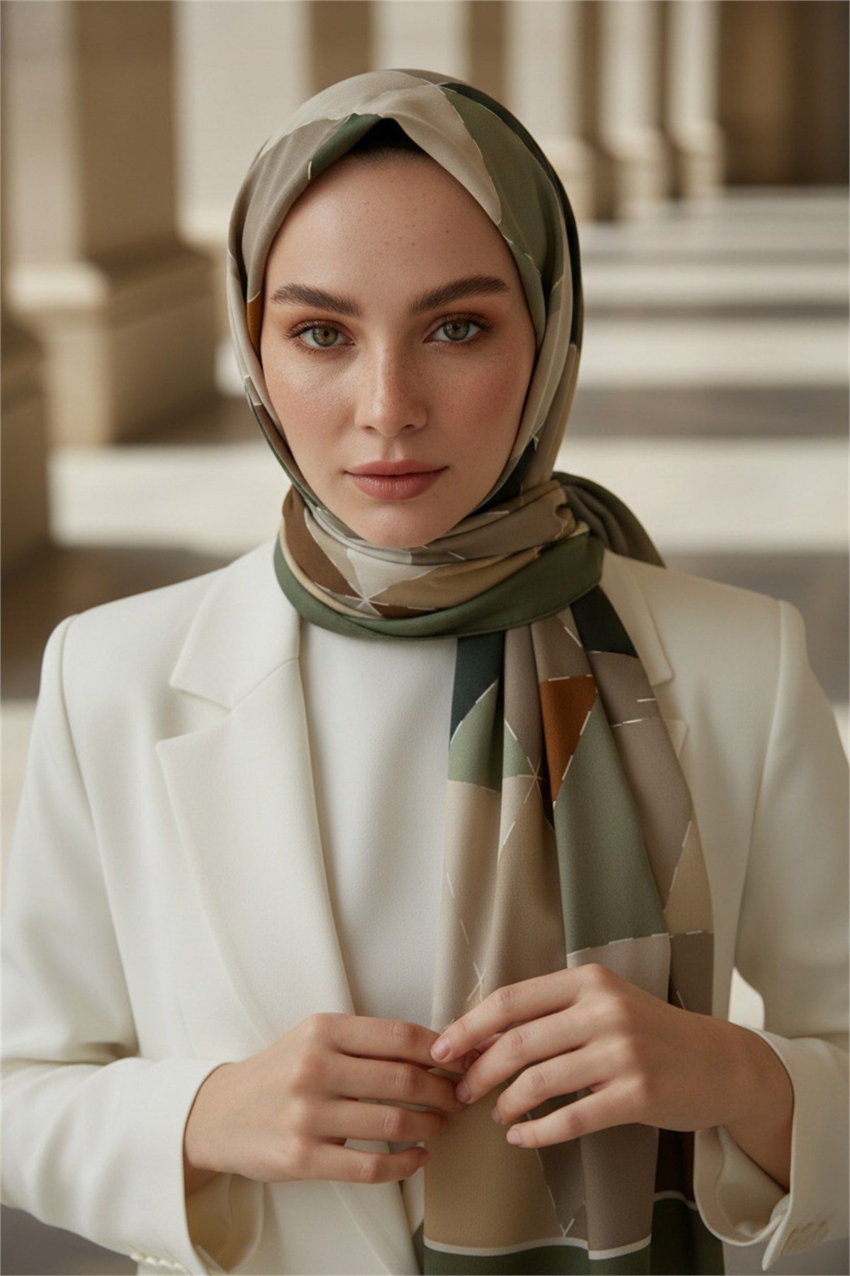 KREP ÜÇGEN YAMA DESENLİ HAKİ YEŞİLİ RENKLİ 75X195 KIRIŞMAZ ŞAL