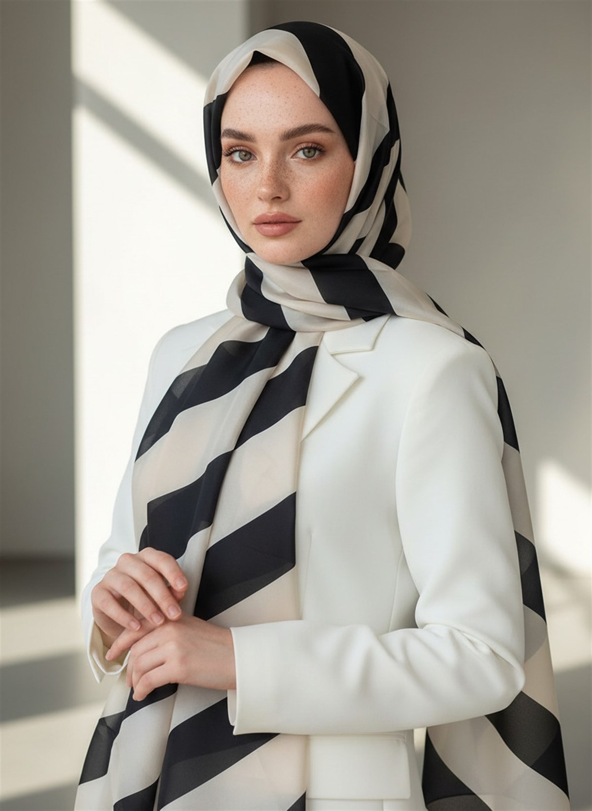 %100 Saf İpek Şal İnce Saten Vual Dokuma Çizgili Desenli Siyah - Krem Renkli 90x210 Şal