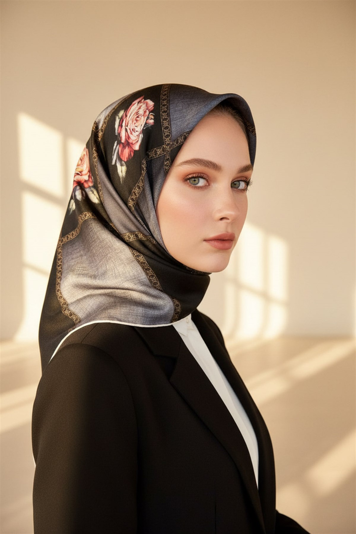 %100 Twill İpek Dokulu Çiçekli Ve Geometrik Desenli Siyah - Gri Renkli 90x90 Eşarp Dikim Şekli : El Dikişi