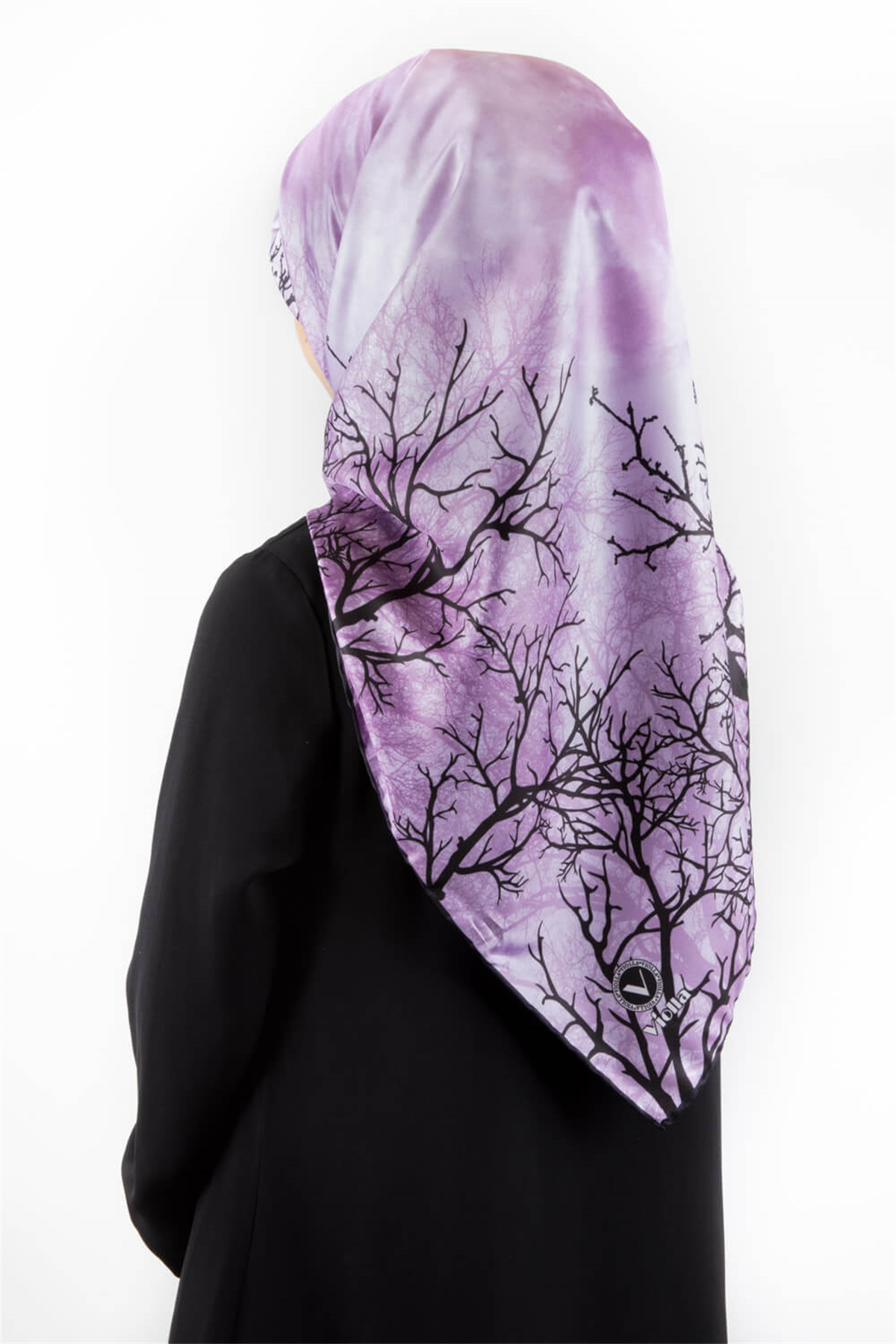 Twill Dolunay ve Ağaç Desenli Lila Renkli 90x90 Eşarp (İpek İçermez) Kenar Dikiş Şekli El Dikişli