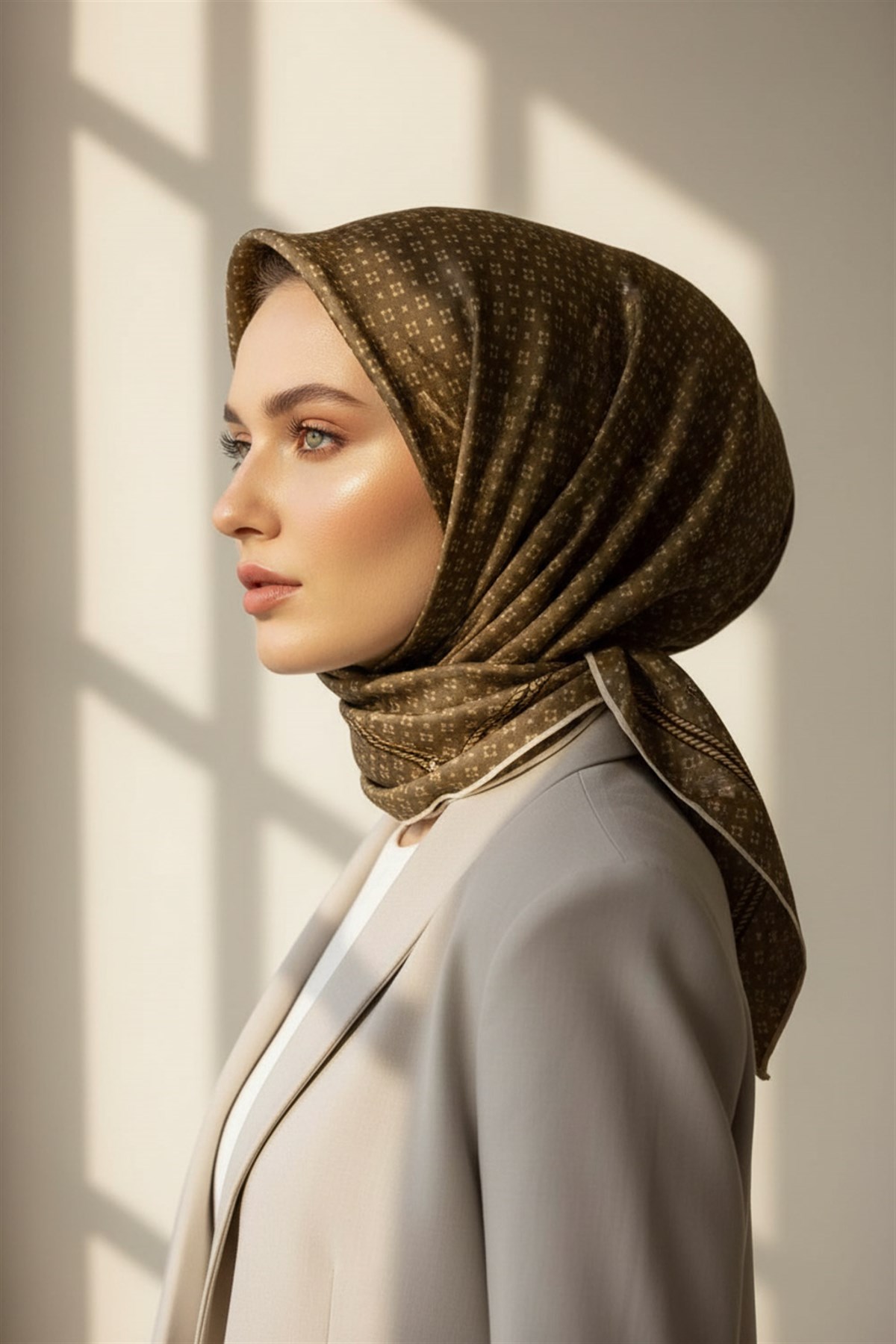 %100 Twill İpek Zincir Desenli Vizon - Gold Renkli 90x90 Eşarp Dikim Şekli : El Dikişi