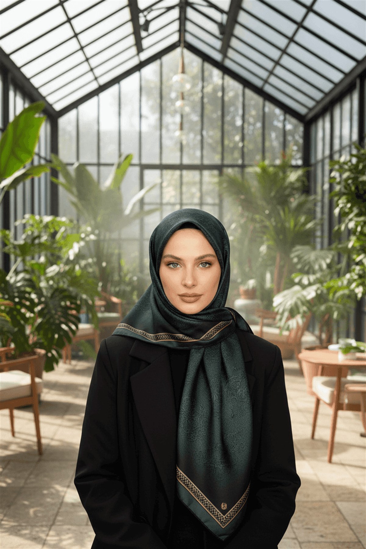 %100 Twill Barok Desenli Zümrüt Yeşili Renkli 90x90 Eşarp Dikim Şekli: El Dikişi