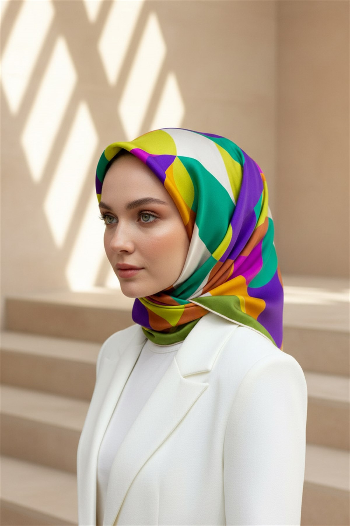 %100 Twill Renk Bloklu Çizgili Desenli Haki - Mor Renkli 90x90 Eşarp Dikim Şekli: El Dikişii