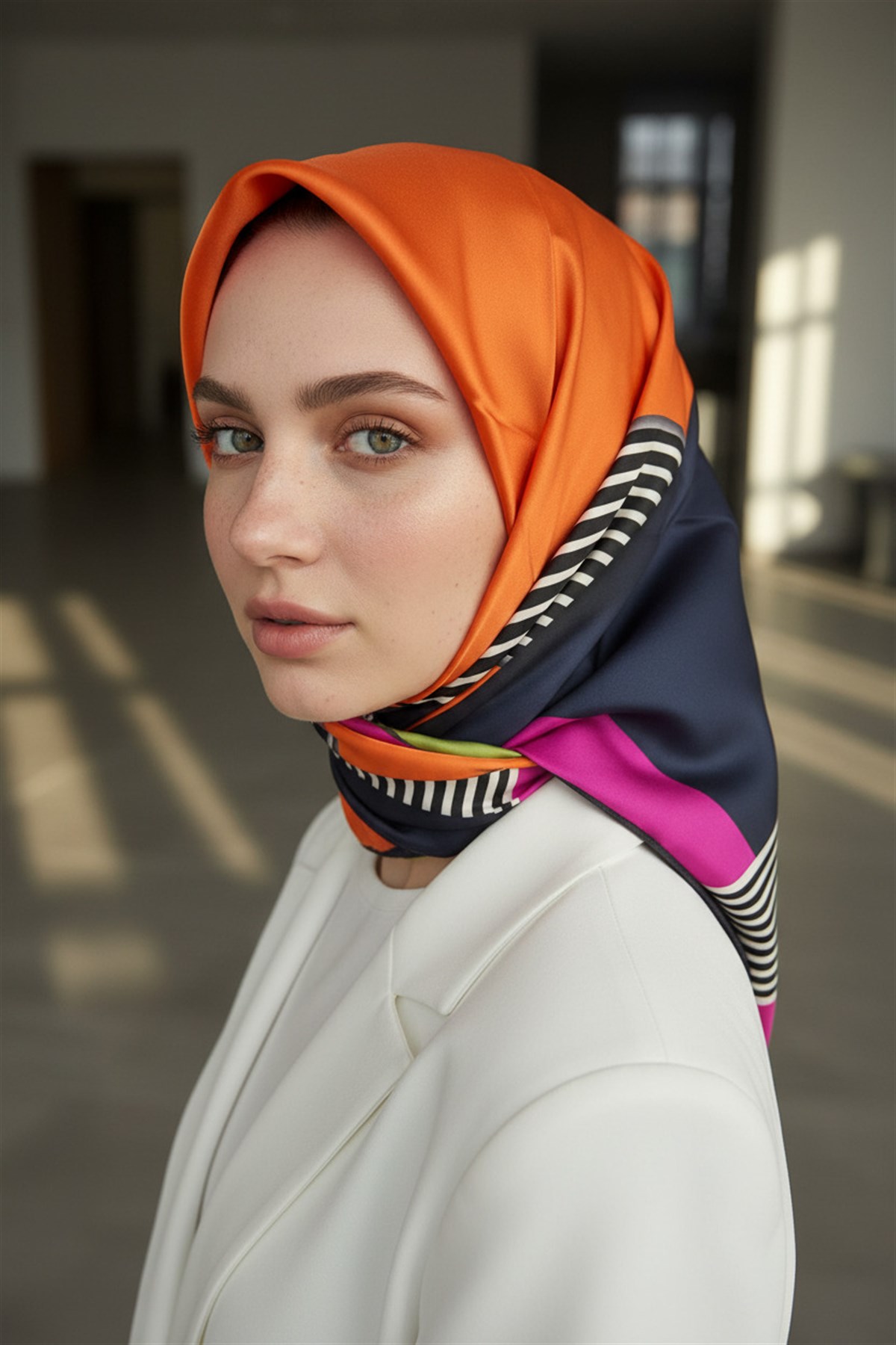%100 Twill İpek Çizgili ve Geometrik Desenli Turuncu - Fıstık Yeşili Renkli 90x90 Eşarp Dikim Şekli : El Dikişi