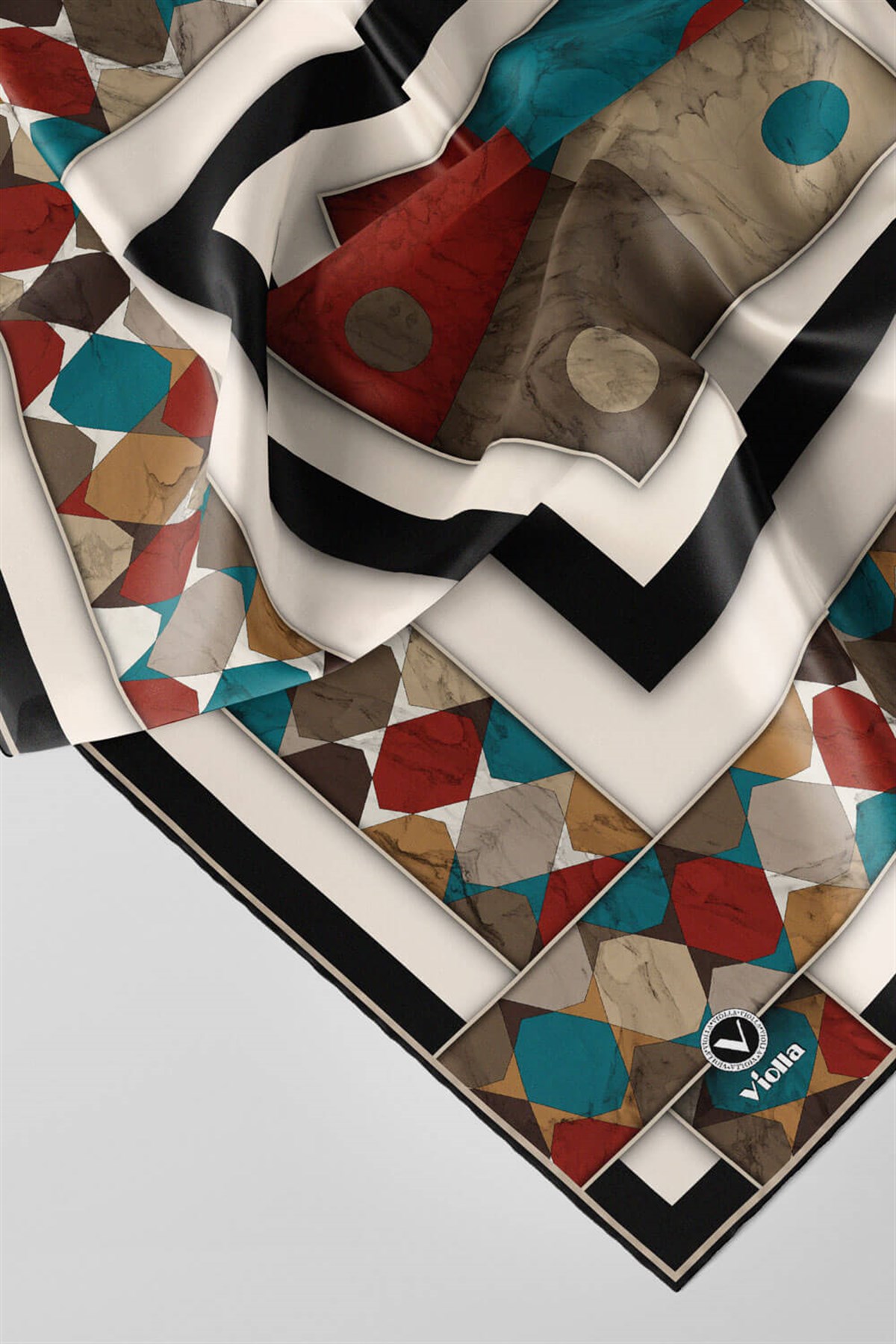 Twill Geometrik Mermer Desenli Petrol Yeşili Renkli 90x90 Eşarp (İpek İçermez) Kenar Dikiş Şekli El Dikişli